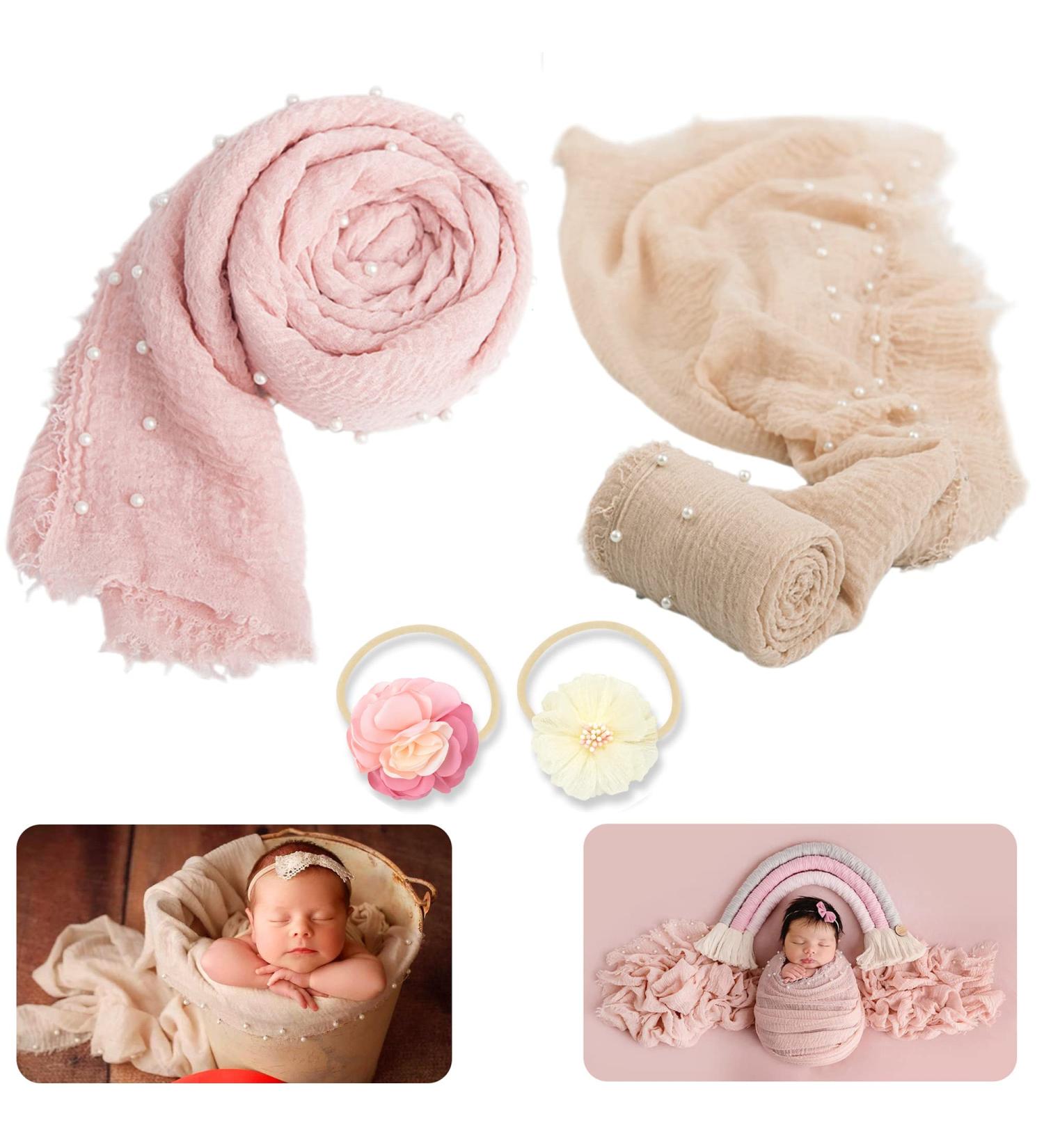 Newborn Photography Props Wrap Set with Pearl Decor - Snow Powder/Beige | Handmade Knit Blanket Swaddle for Baby Photo Shoots - Buy Online on GoSupps.com