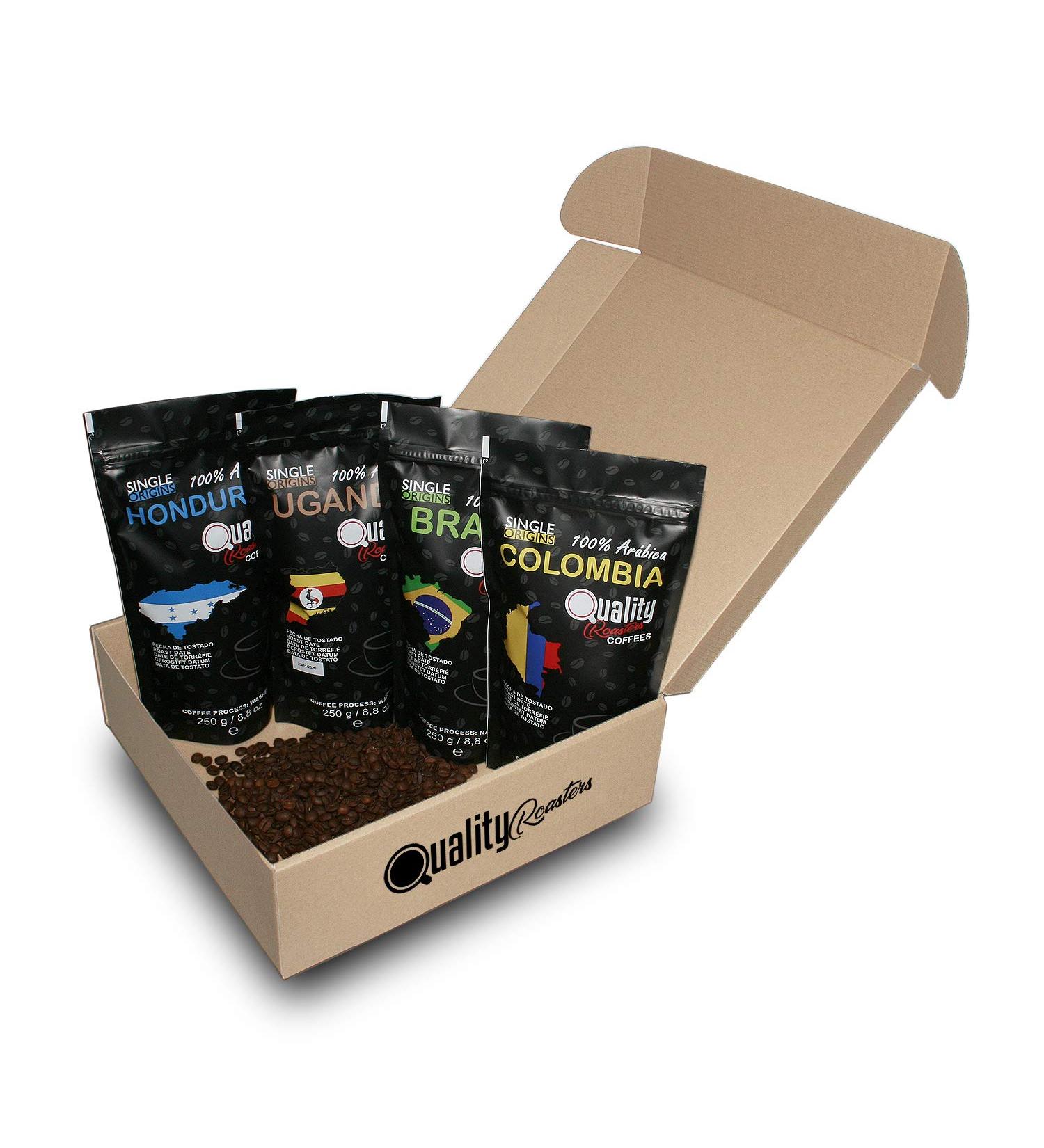 Natural coffee beans. 100% Arabica. Ideal for gifts and tastings. 4 origins: Colombia Uganda Brazil Honduras. 4x250 g. Artisanal roast. - Buy Online on GoSupps.com