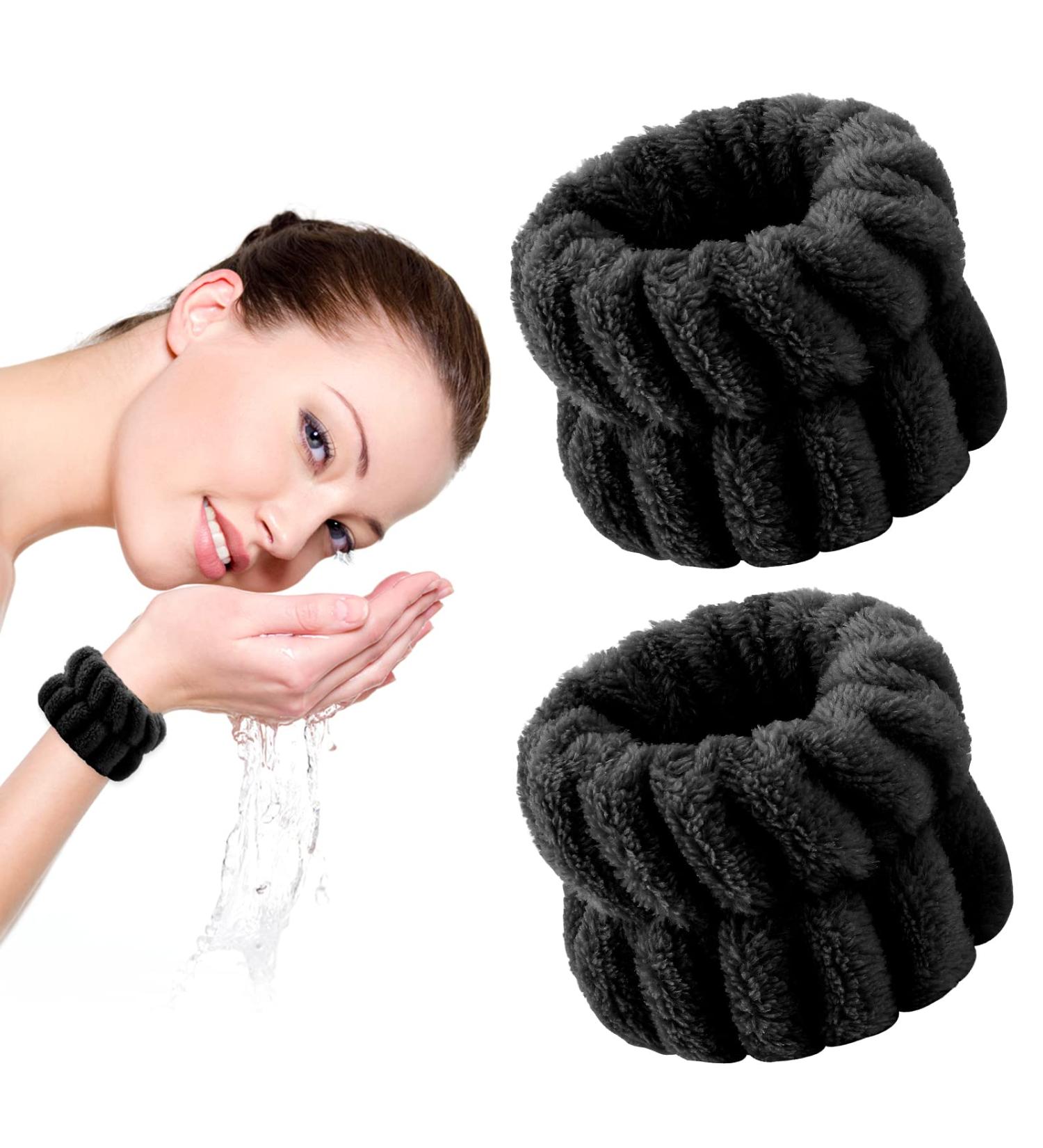 WLLHYF 2-Piece Microfiber Face Washing Wristbands for Women - Black | Spa Wash Bands for Makeup Removal, Skin Care, Yoga, and Sports - Buy Online on GoSupps.com