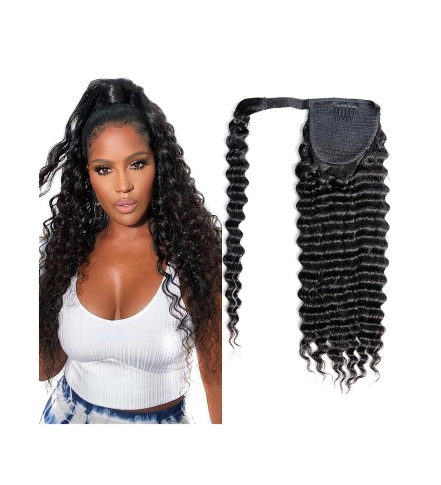 Ponytail Extensions Deep Wave Ponytail Extension Clip In Long Wavy Curly Wrap Around Long Ponytail Natural Color Remy Human Hair Extensions for Black Woman for Women(Size:24inch 100g) - Buy Online on GoSupps.com