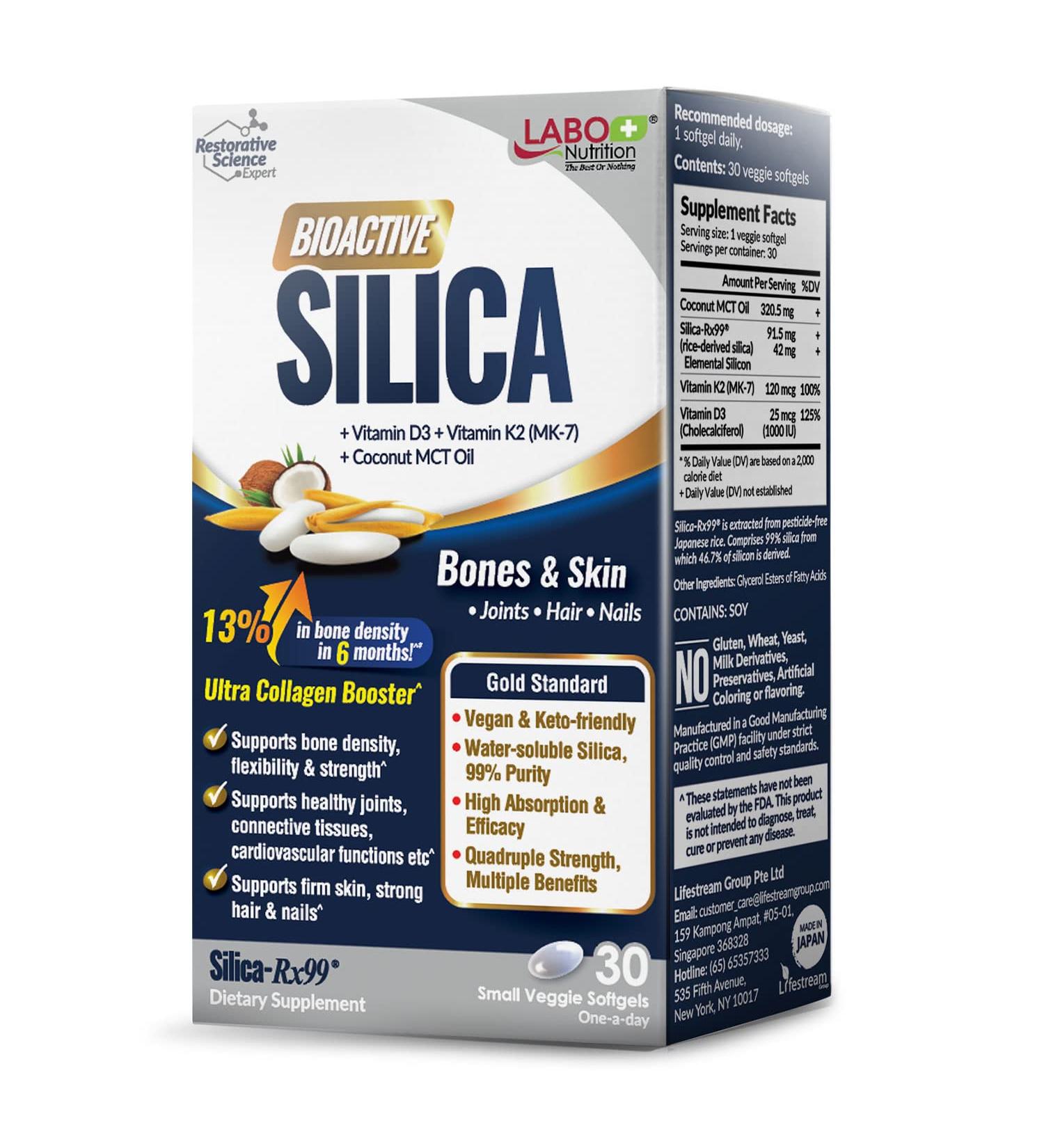 LABO Nutrition Bioactive Silica 99% Purity Rice-Derived with 42mg Silicon - Intensive Collagen Generator for Joint & Bone Strength - Skin, Hair & Nails Support - Vegetarian formula - Buy Online on GoSupps.com