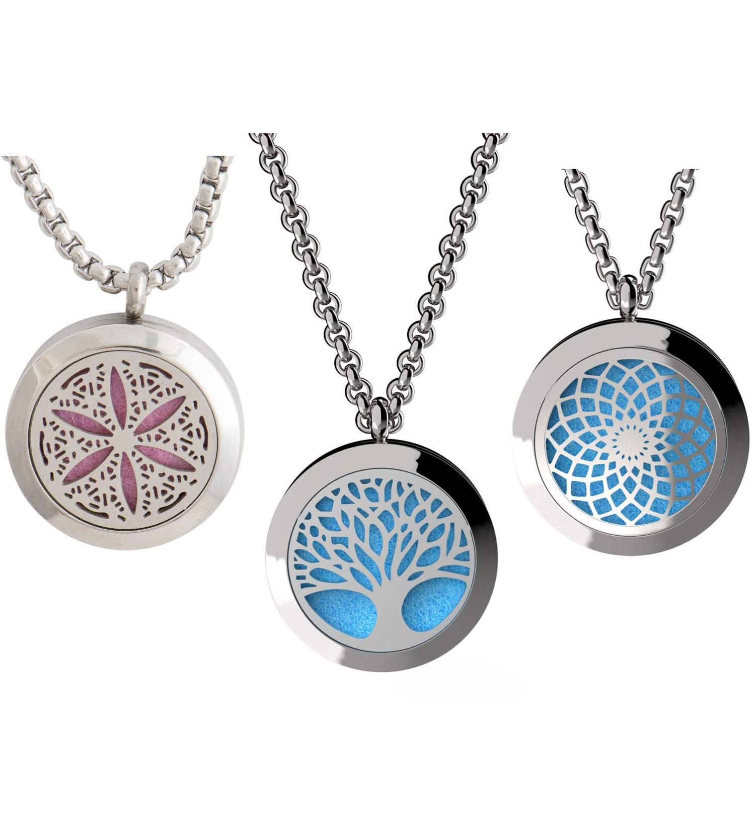 Wild Essentials 3 Necklace Set - Tree of Life & Flower of Life Aroma Diffuser Lockets | Stainless Steel Color Changing 24" Chains 36 Refill Pads | Perfect Essential Oil Jewelry for International Shipping - Buy Online on GoSupps.com