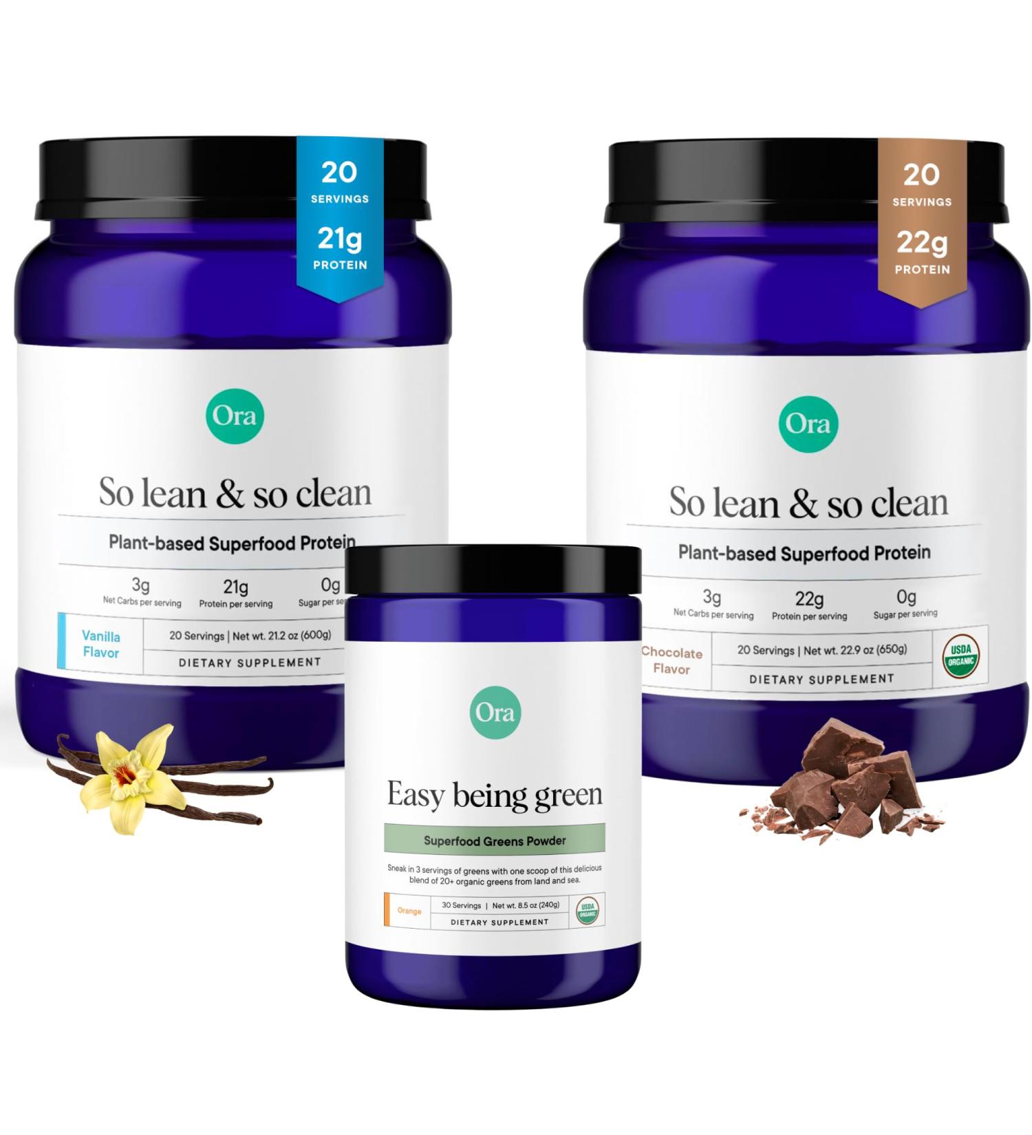 Ora Organic Vegan Protein Powder Chocolate Vanila & Greens Powder Bundle: 22g Plant Based Chocolate 20 Servings + 21g Plant Based Vanilla 20 Servings + Organic Super Greens Drink 30 Servings - Buy Online on GoSupps.com