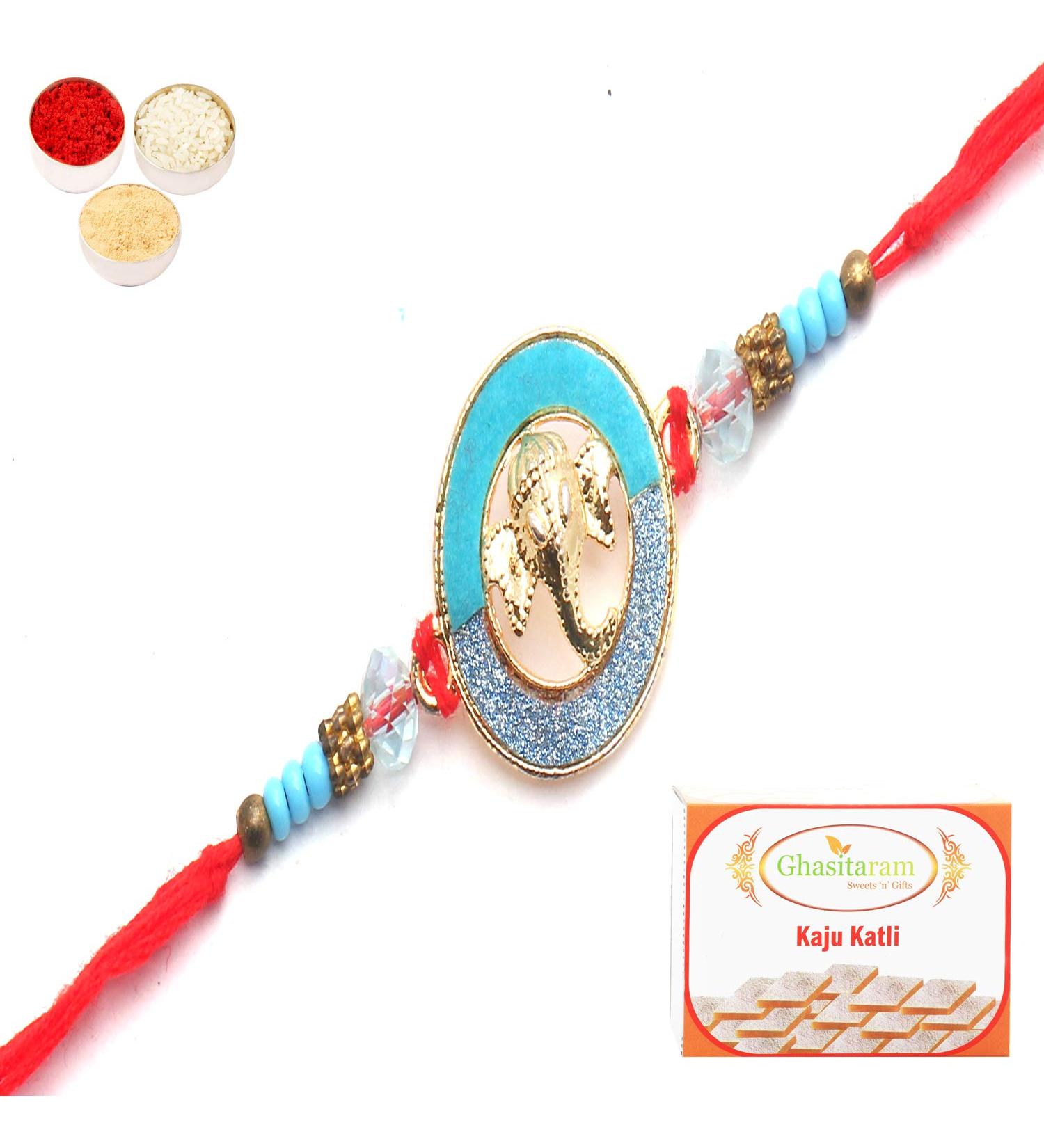 Ghasitaram Gifts Rakhi for Brother Rakhis Online - The Riddhi Siddhi Ganpati Blessings for My Brother Rakhi with 400 GMS of Kaju katli - Buy Online on GoSupps.com