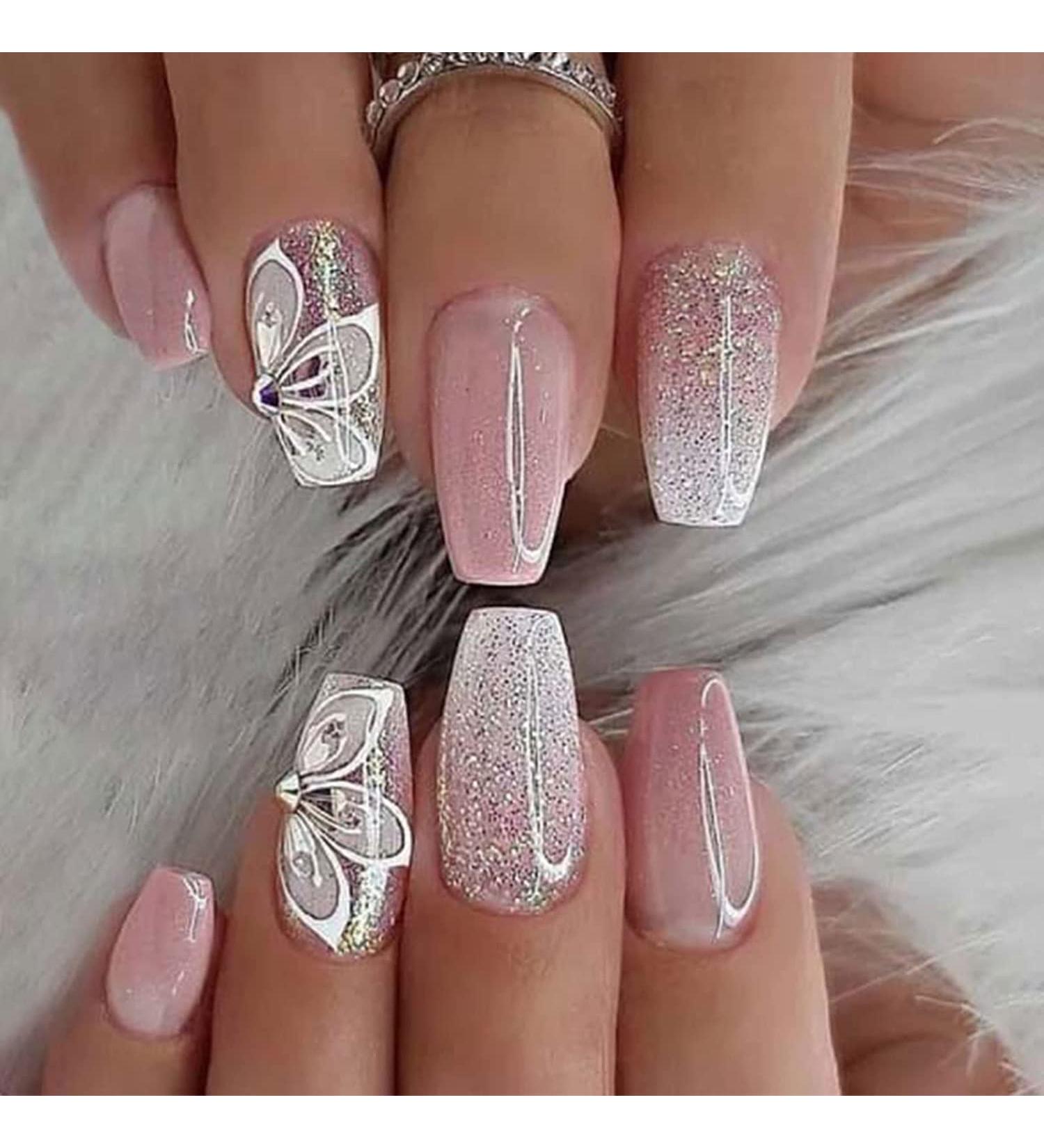 Gradient Pink Coffin Fake Nails with Butterfly Rhinestone Designs - 24pcs Medium Length Press on Nails for Women & Girls | Shiny Glossy Acrylic Full Cover False Nails - Nail Art Manicure Decoration - Buy Online on GoSupps.com