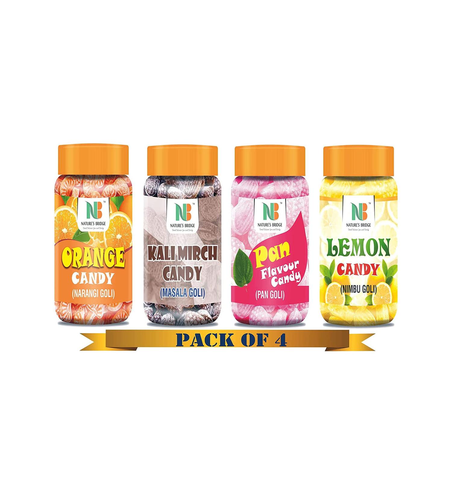 Nature's Bridge Sweet Candy (Orange Mix Kalimirch Masala Lemon Flavour) Combo Jar Pack of 4 Each 200 Gm_Packing May Vary - Buy Online on GoSupps.com