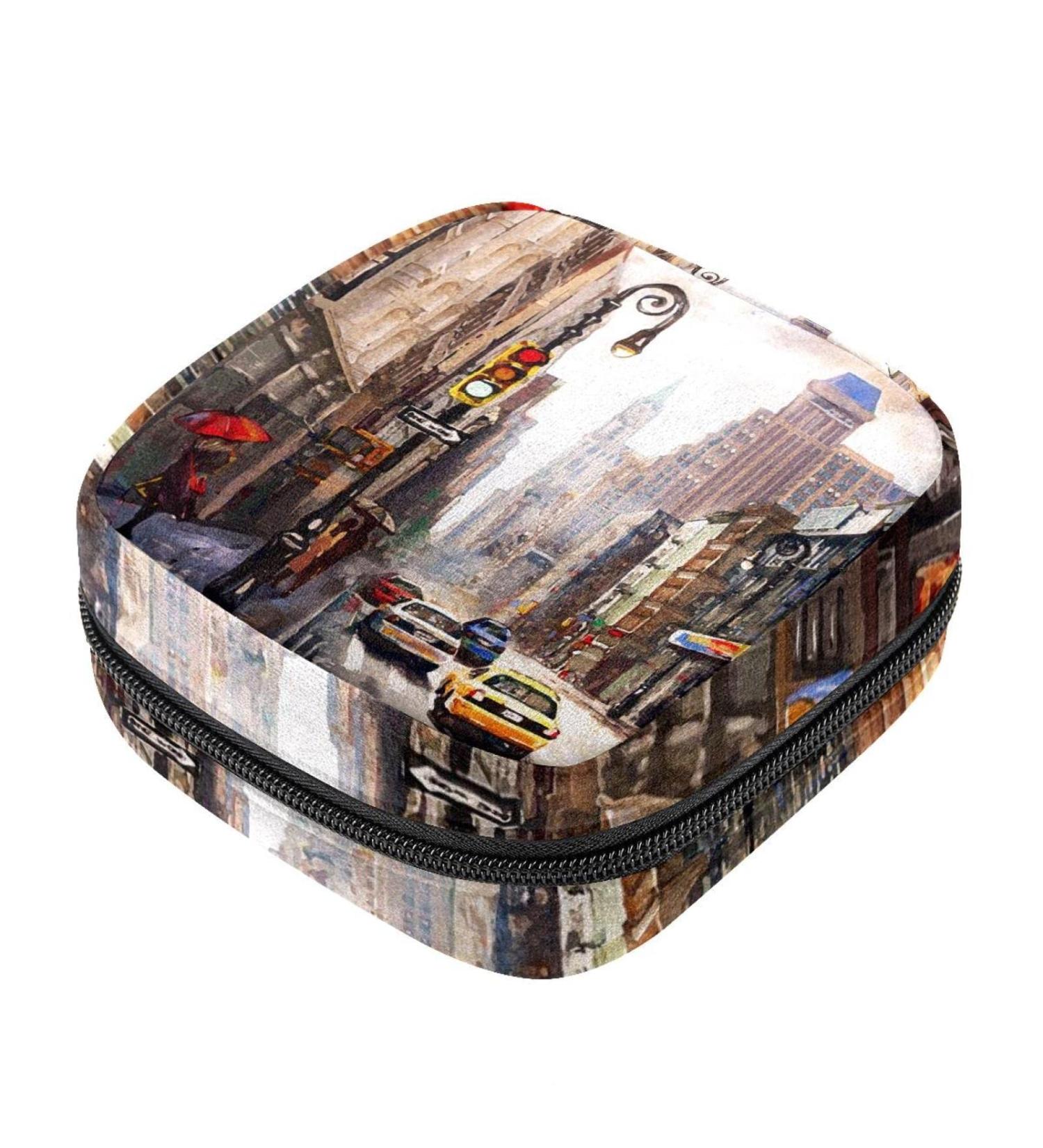 Stylish Women's Napkin Storage Bag - Red Umbrella City Oil Painting Design | Portable Period Pocket for Teens & Girls | Ideal Menstrual Cup & Breastfeeding Insert Holder - Buy Online on GoSupps.com