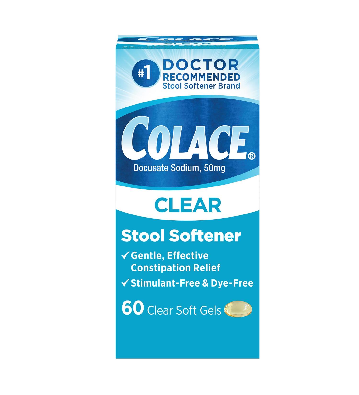 Colace Clear Stool Softener for Gentle Effective Constipation Relief #1 Doctor Recommended Stool Softener Brand Dye Free 50 mg Docusate Capsules 60 Count 60 Count (Pack of 1) - Buy Online on GoSupps.com