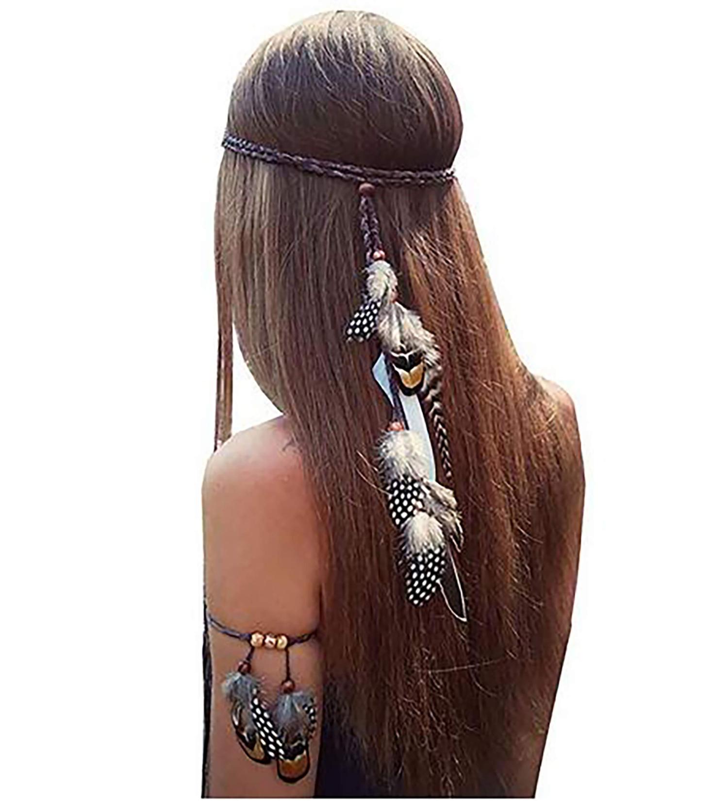 Gypsy Hippie Feather Headband & Armband Set - Bohemian Handmade Tribal Indian Headwear for Women - Buy Online on GoSupps.com