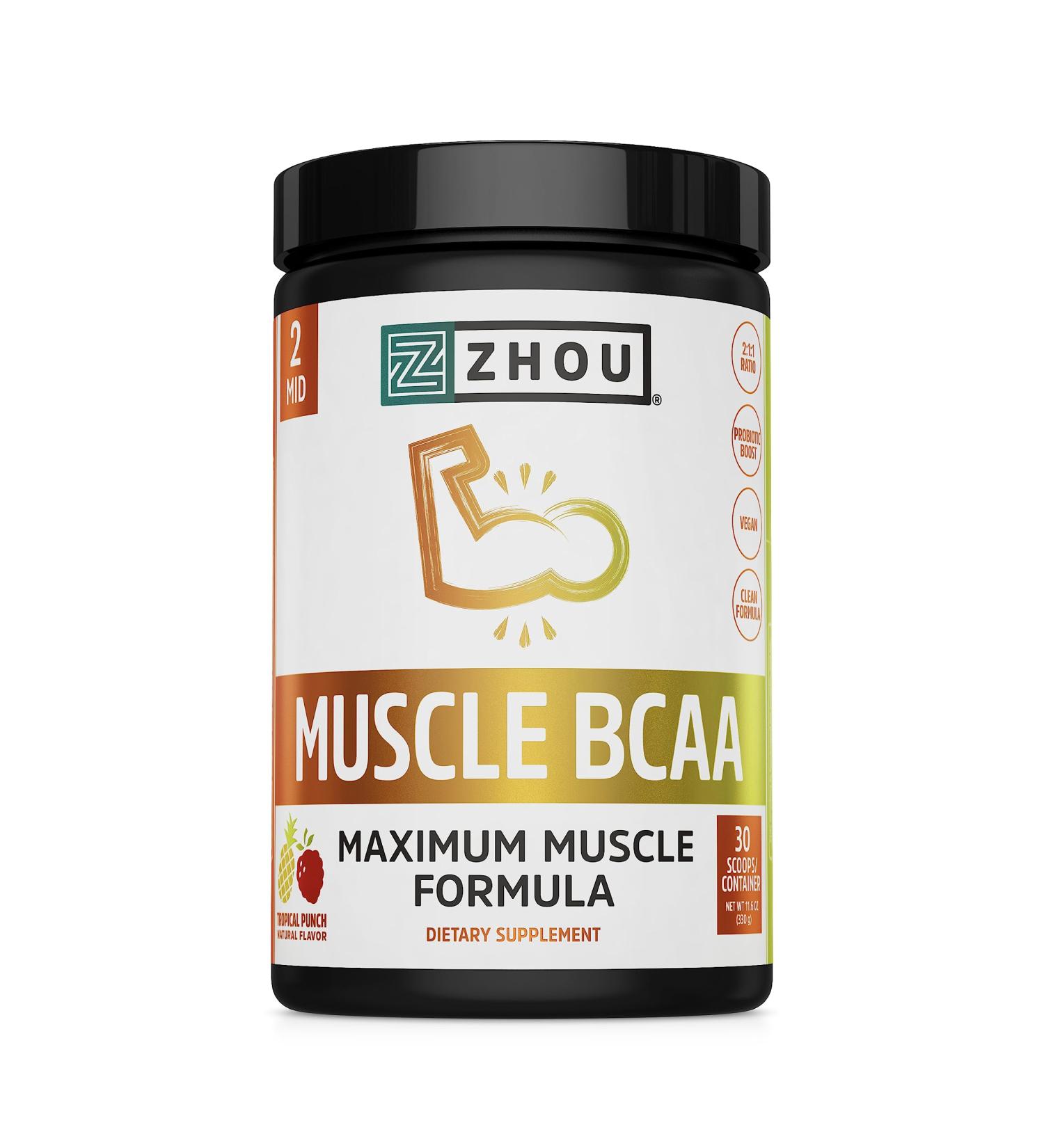 Zhou Nutrition Muscle BCAA Powder | Vegan Muscle Recovery | Gluten & Sugar Free | Probiotic Boost & Vitamin C | 30 Servings - Tropical Punch - Buy Online on GoSupps.com