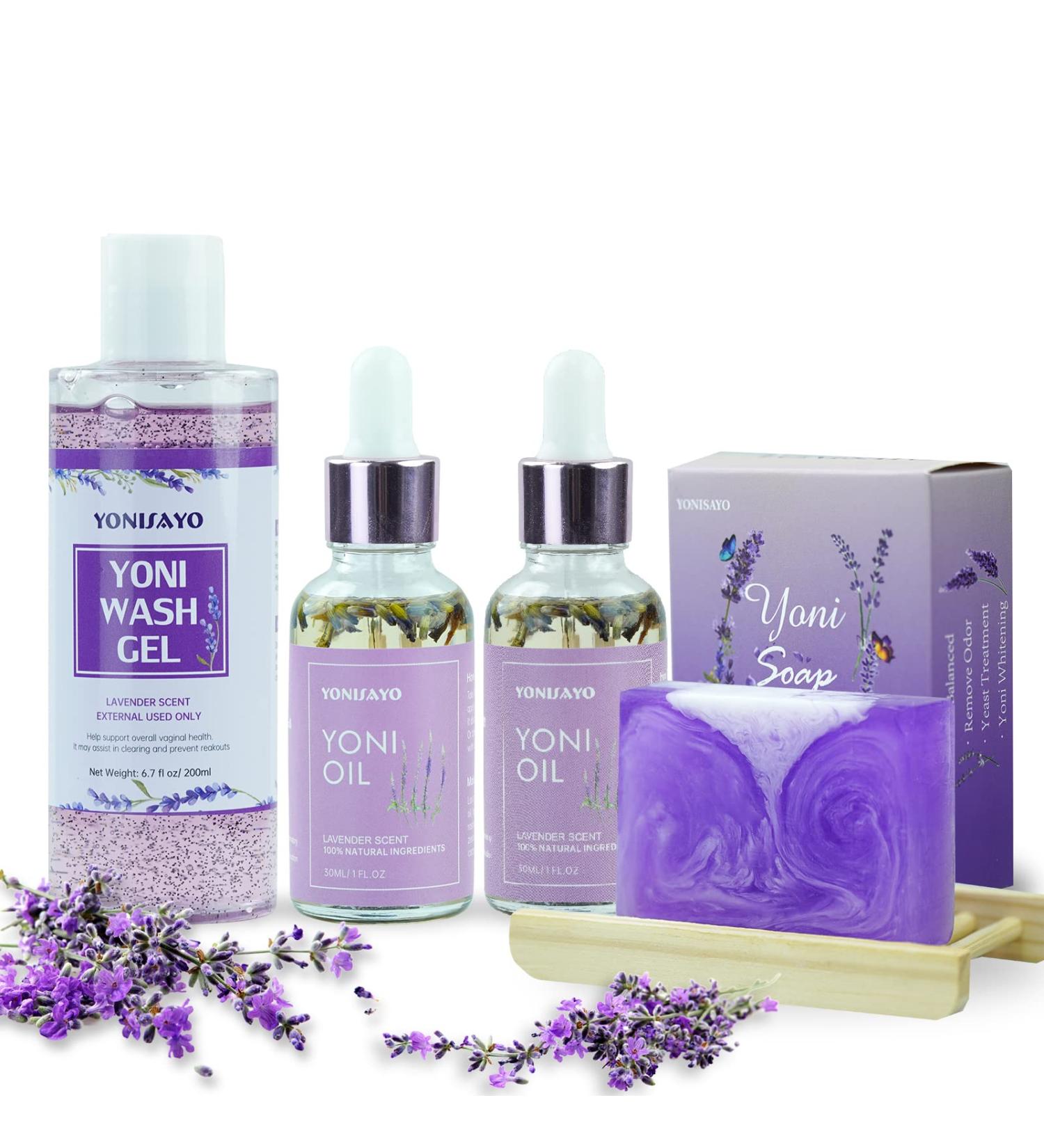 Yoni Wash & Soap Set with Essential Oil - pH Balanced Feminine Care Kit with Lavender Scent - 5.29oz Soap Bar, 2 x 30ml Oil, 6.7 fl.oz Wash - Moisturizing & Odor-Removing Formula - Buy Online on GoSupps.com