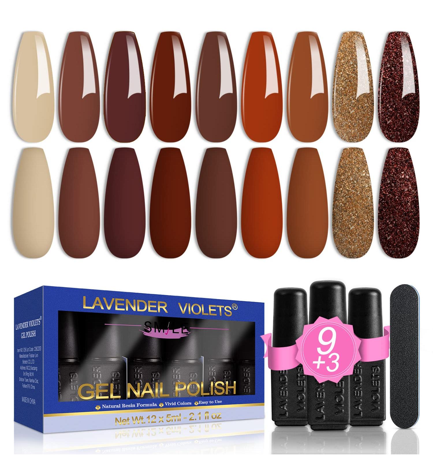 Lavender Violets 13-Piece Gel Nail Polish Kit with Earth Tone Glitter, Ruby Red, Shimmer Gold - UV/LED Soak Off, Base Coat, Matte Top Coat, Nail File - Manicure Starter Kit | Earthly Elegance-679 - Buy Online on GoSupps.com