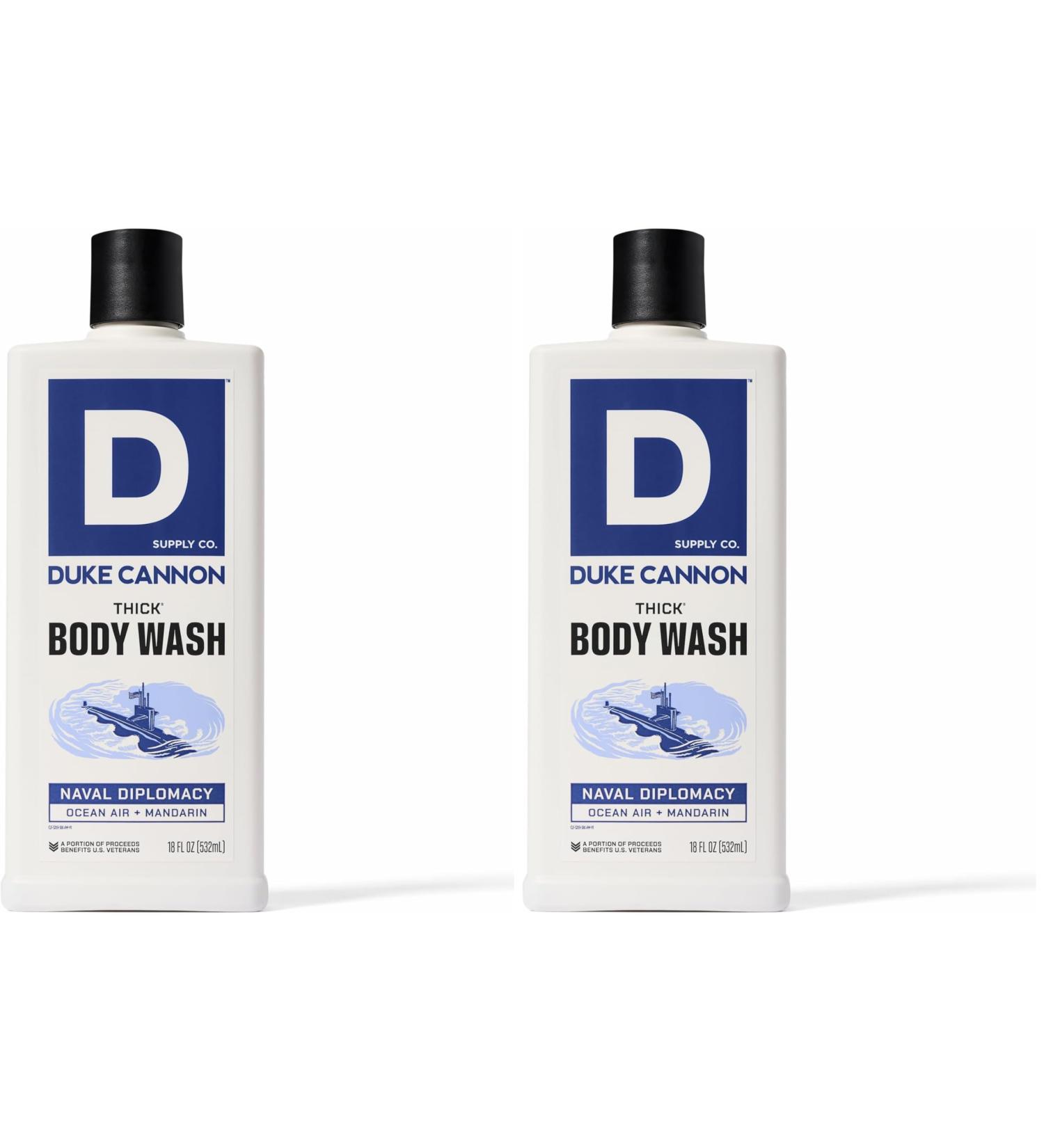 Duke Cannon Supply Co. Thick High Viscosity Body Wash - 3X Thicker Plant-Based Mineral-Enriched Body Wash for Men - Citrus Musk + Cedarwood - Mens Body Scrub - Naval Diplomacy (18 oz) (Pack of 2)