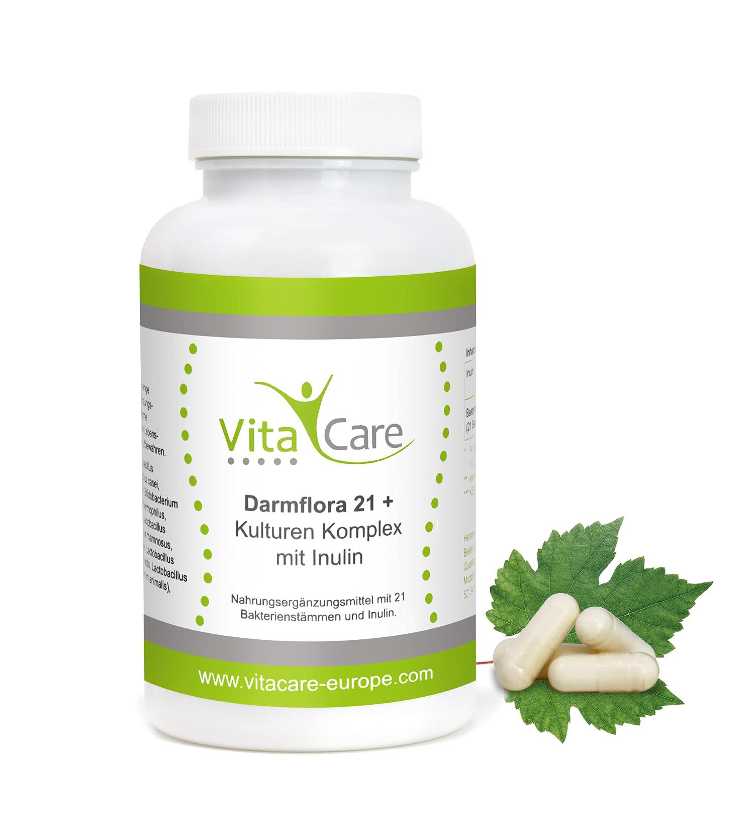 Vitacare Intestinal Flora 21+ | 180 Vegan Capsules with 21 Bacterial Cultures & Prebiotic Inulin - Buy Online on GoSupps.com
