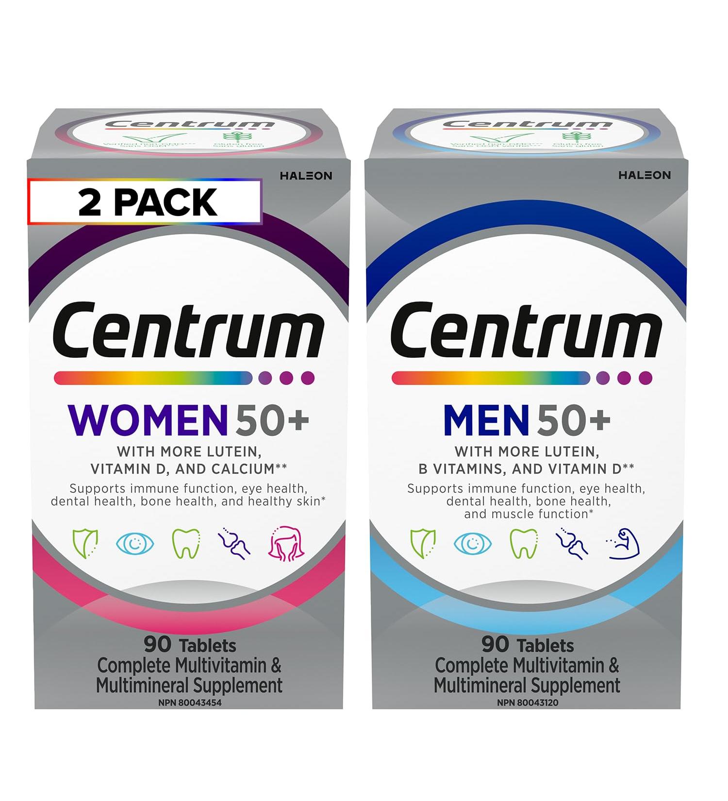 Centrum Men 50 Plus (90 Count) & Centrum Women 50 Plus (90 Count) Multivitamin/Multimineral Supplement Tablet Multi-Pack (2 Pack 180 Count) - Buy Online on GoSupps.com