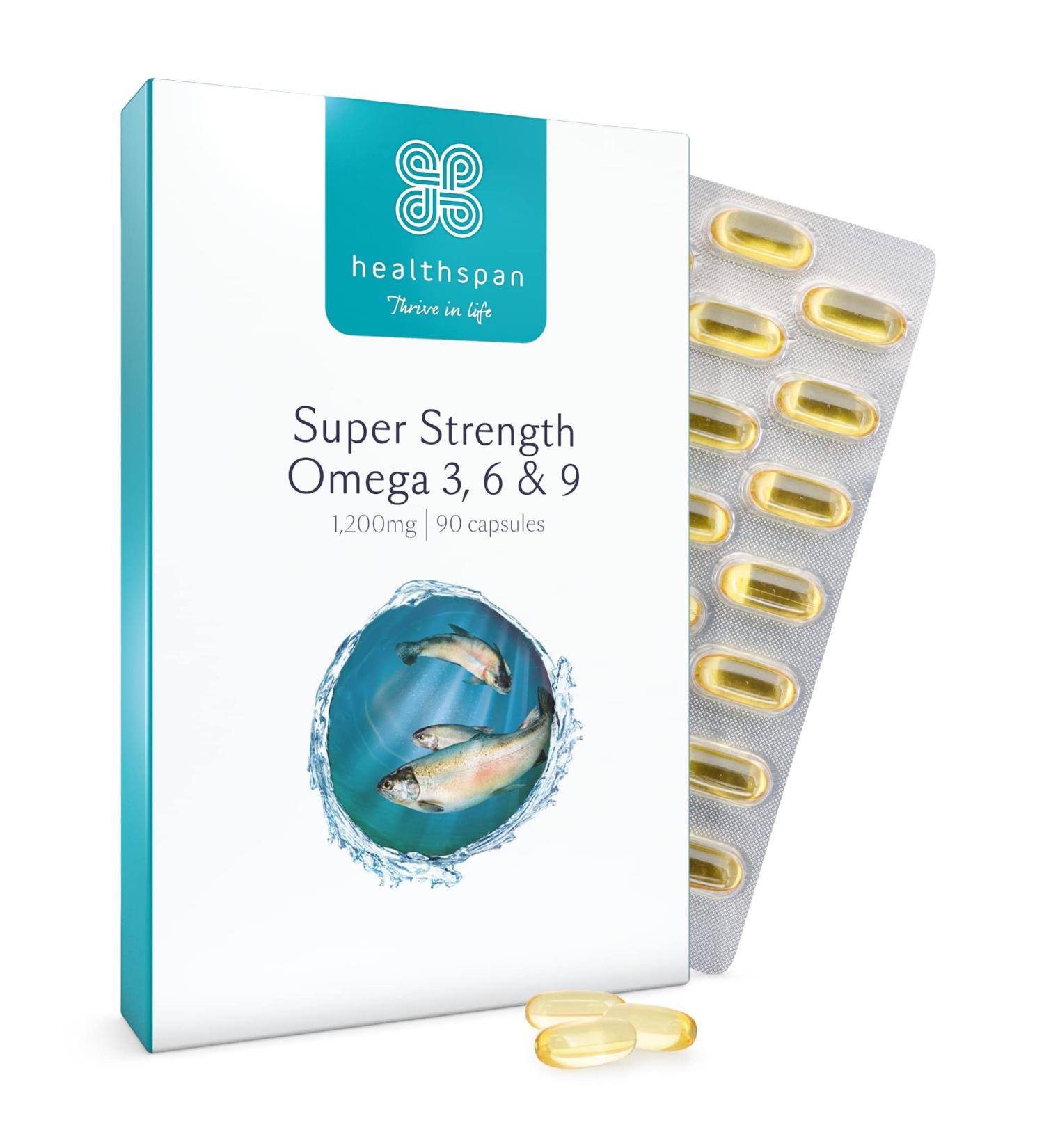 Healthspan Super Strength Omega 3 6 & 9 1200mg (90 Capsules) | Brain, Eye & Heart Health | Premium Fish, Borage & Olive Oils - Buy Online on GoSupps.com