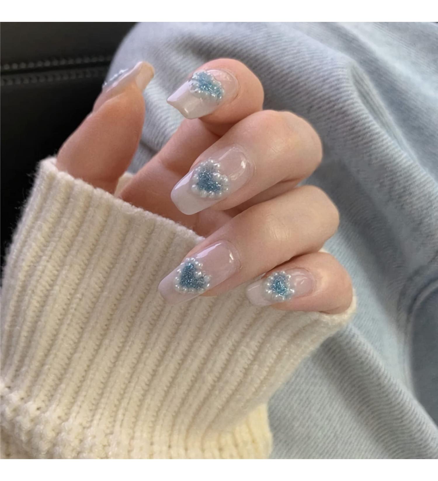 IMSOHOT Medium Square Press on Nails - Glossy Blue Heart Rhinestone False Nails with Glue - Squoval Acrylic Nails with White Pearls - Sparkle and Shine! - Buy Online on GoSupps.com