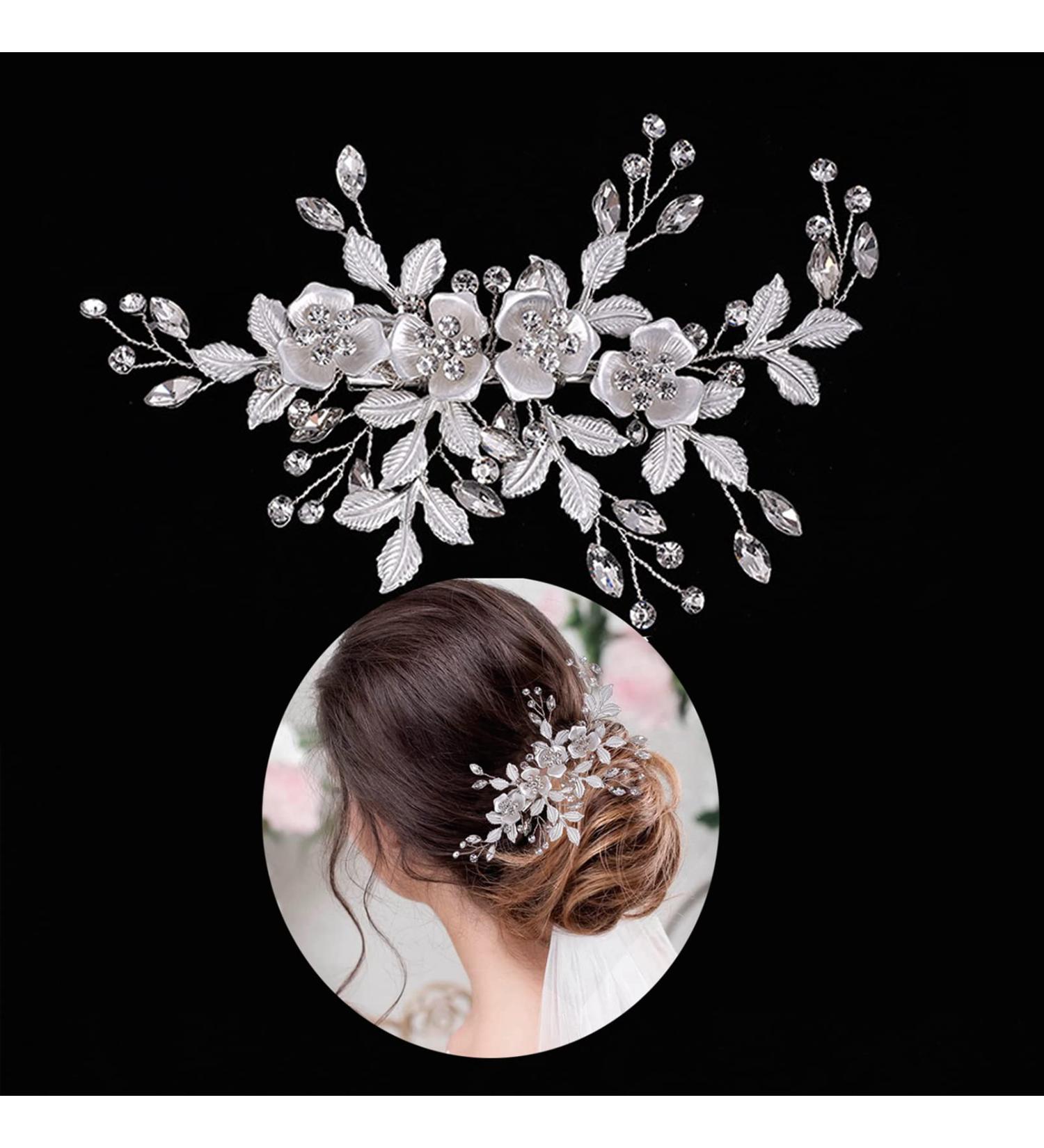 Wedding Hair Clip Crystal Bridal Hair Piece Hair Accessories for Women Girls Bridesmaid Handmade Flower Rhinestone Head Pieces Barrette Hair Pin (Sliver) - Buy Online on GoSupps.com