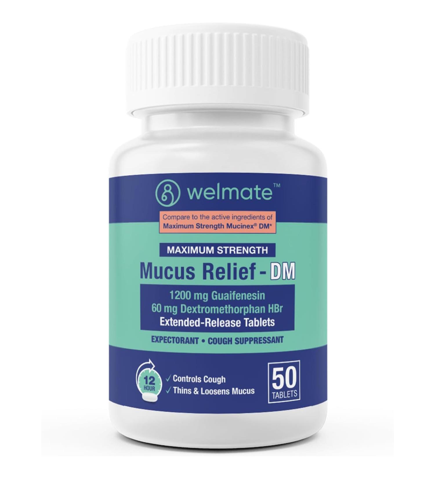 WELMATE Mucus Relief DM Maximum Strength - 1200mg Guaifenesin & 60mg DXM - 12-Hour Cough Suppressant 50 Ct Expectorant Tablets for Chest Congestion Relief - Buy Online on GoSupps.com