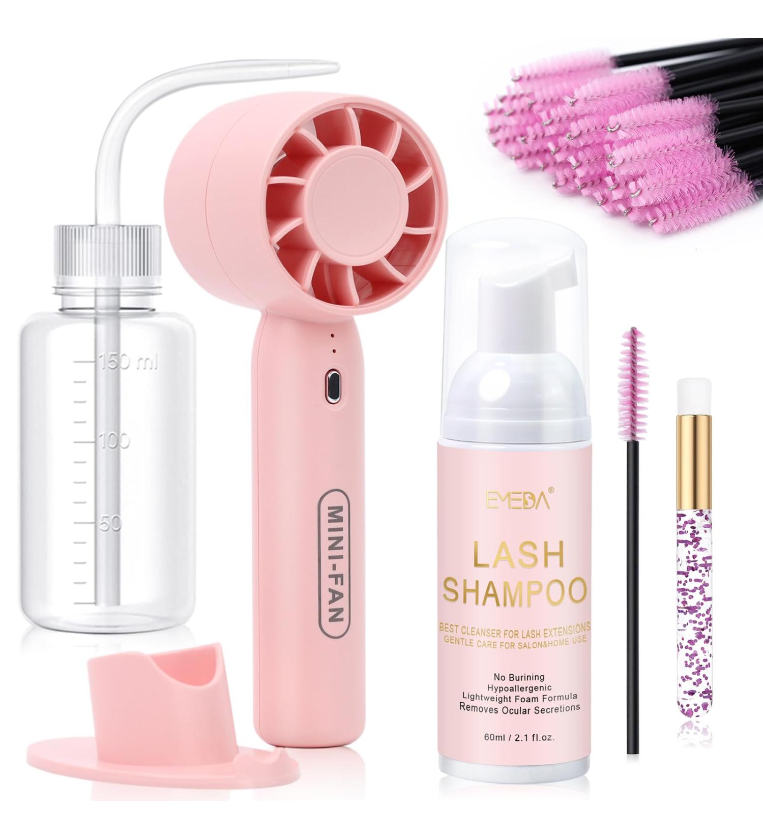 EMEDA Lash Shampoo Kit - 5-in-1 Eyelash Cleaner for Extensions Clusters & Natural Lashes | Oil-Free Cleanser with Rechargeable Fan Dryer & Rinse Bottle - 60ml - Buy Online on GoSupps.com