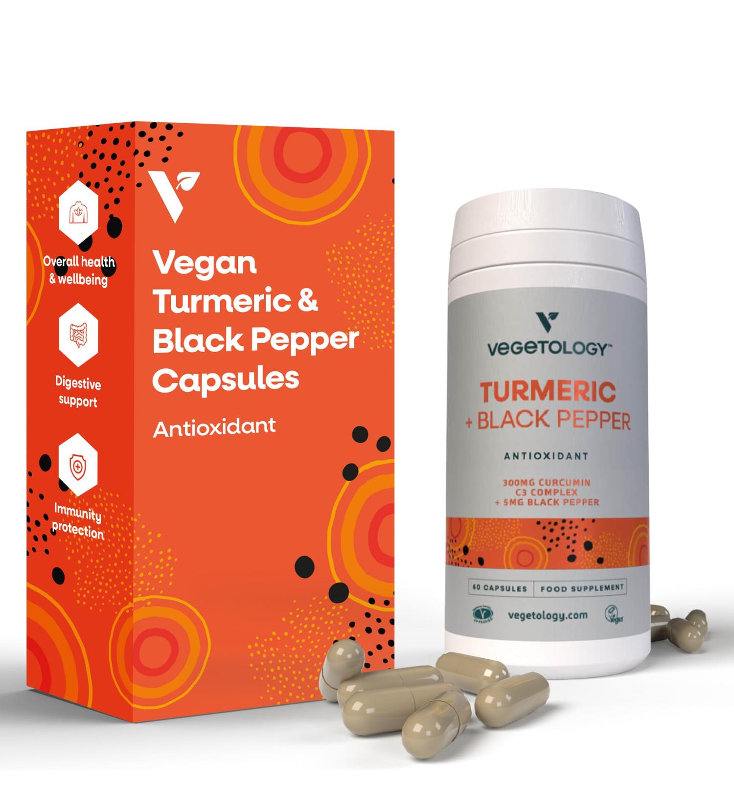 VEGETOLOGY Vegan Turmeric & Black Pepper Capsules (60 Capsules) Tumeric Supplements Capsules 1 a Day Supplements for Adults and Children - Buy Online on GoSupps.com
