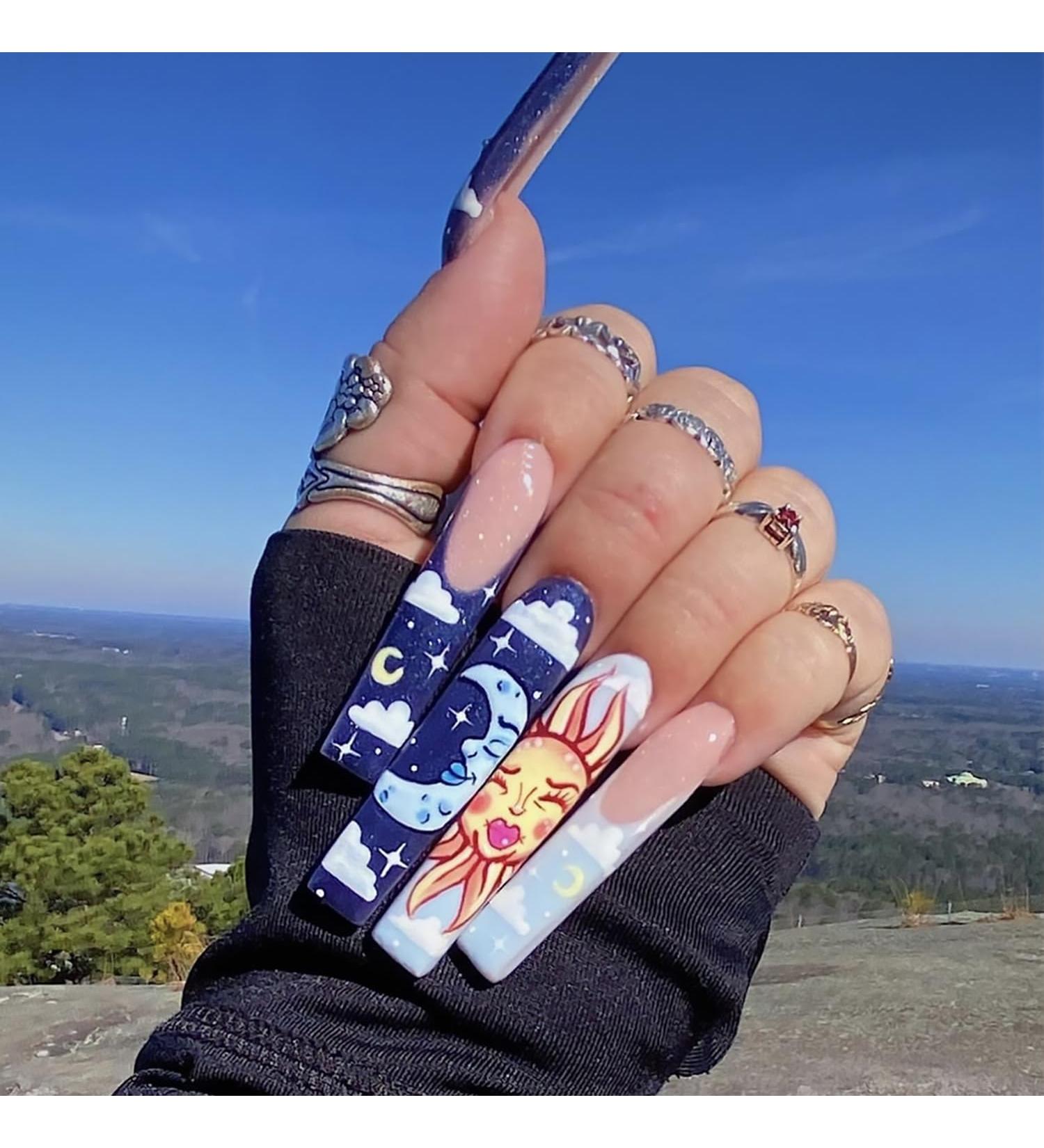 Shop Blue French Tip Press on Nails - Extra Long Coffin Ballerina Design | 24pcs Full Cover Artificial Nails with Sun Moon Clouds - Perfect for Women - Buy Online on GoSupps.com