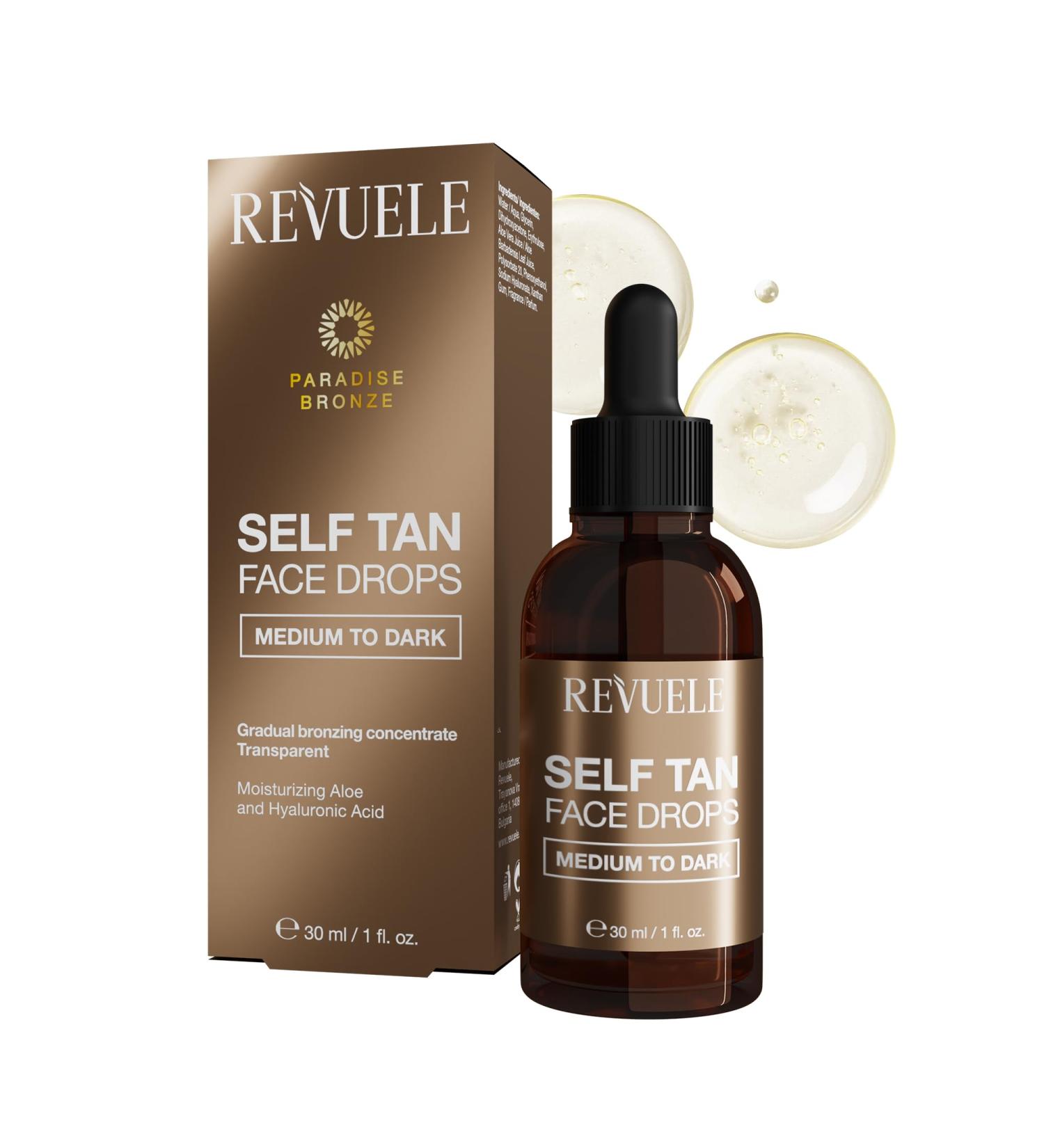 REVUELE Self Tan Face Drops Medium to Dark Gouttes Auto-Bronzantes Visage Gradual S rum Illuminateur pour un Teint Dor Intense et Naturel Effet Glow Hydratant et Sans Traces 30 ml - Buy Online on GoSupps.com