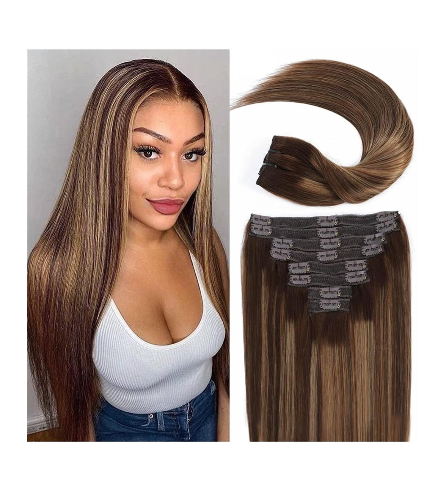 Hair Extensions Balayage Chocolate Brown and Caramel Blonde with Brown Roots 16"-24" Clip in Hair Extensions Human Hair Silky Straight Double Weft Lace Clip in Hair Hair Pieces(24inches) 24inches 120g/Set - Buy Online on GoSupps.com