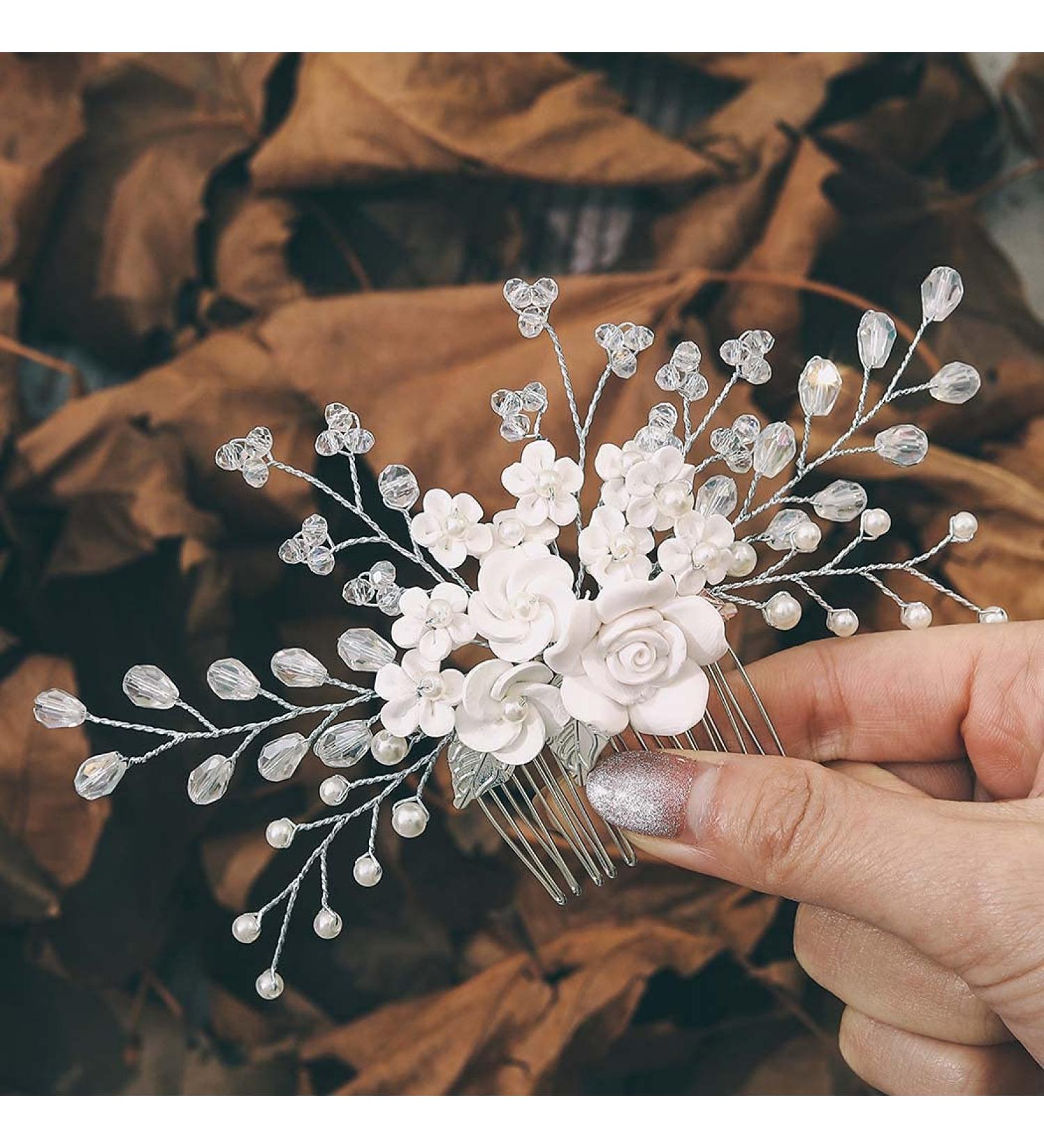 Edary Bridal Wedding Hair Comb | Silver Flower Headpiece with Rhinestones & Crystals - Elegant Hair Accessories for Women & Girls - Buy Online on GoSupps.com
