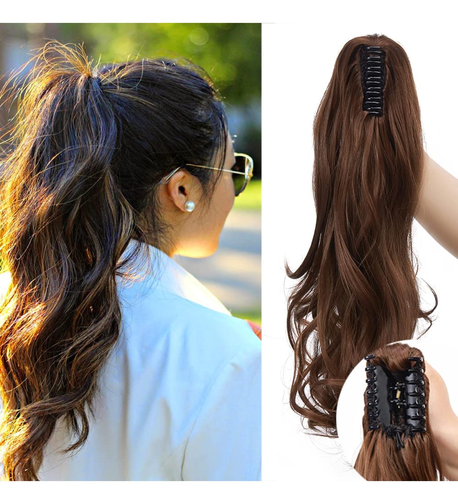 Buy Sego 45cm Ponytail Hair Extension - Voluminous Clip-In Wavy Synthetic Hair in White Brown | International Shipping - Buy Online on GoSupps.com