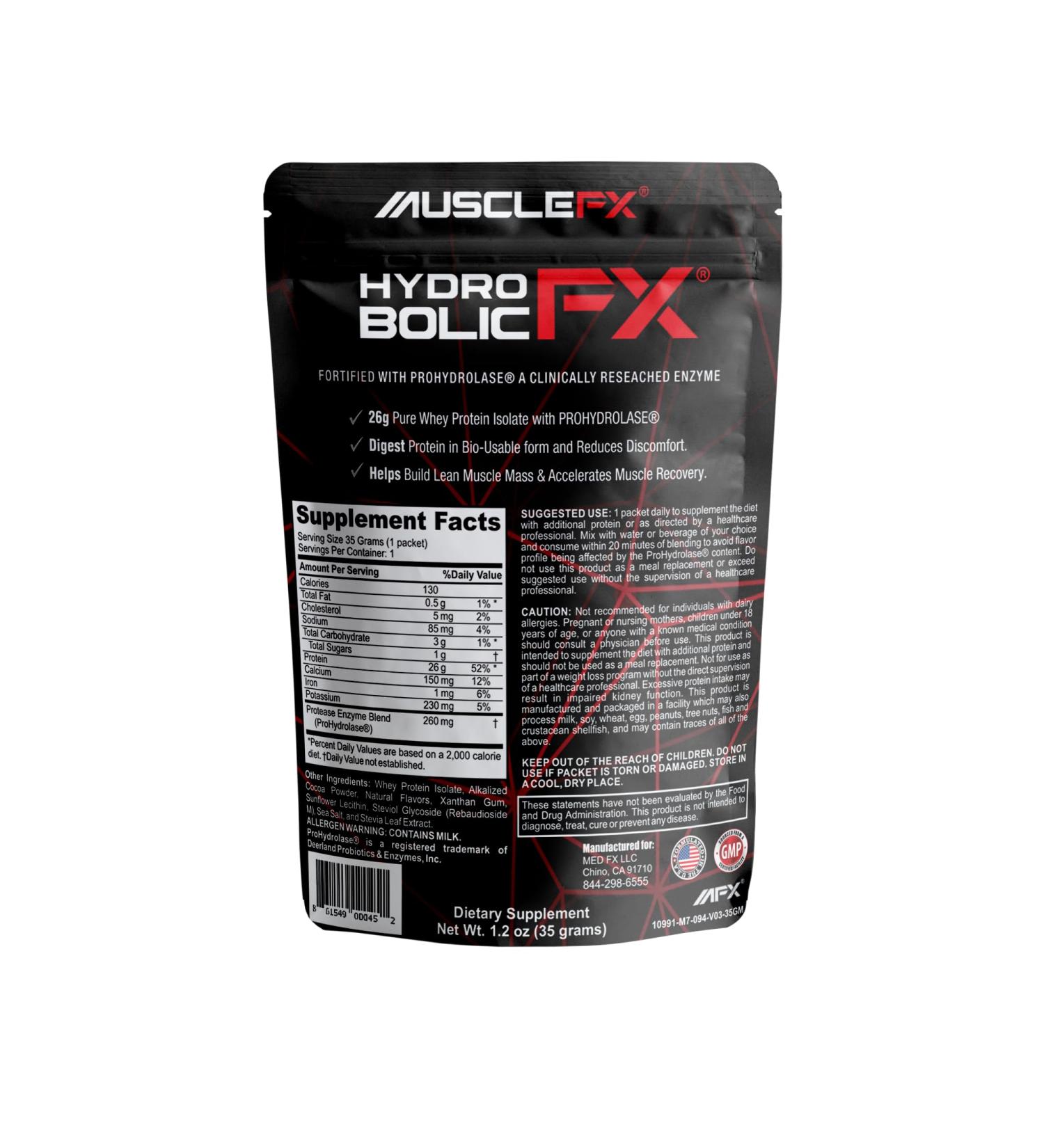 Hydrobolic FX Pure Hydrolyzed Whey Protein Isolate Powder - Lean Muscle & Speedy Recovery 26g of Protein 5g of Glutamine & 6g of BCAA (Chocolate 1 Serving) Chocolate 1 Serving