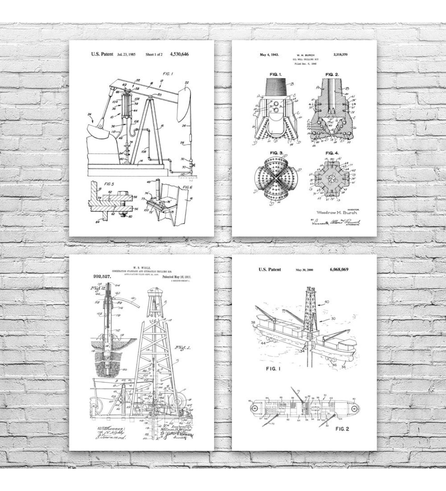 Oil Well Patent Posters Set of 4 (9x12) Energy Contractor Roughneck Gift Oil Industry Art Oil Rig Blueprint Oil Wife Gift Black & White