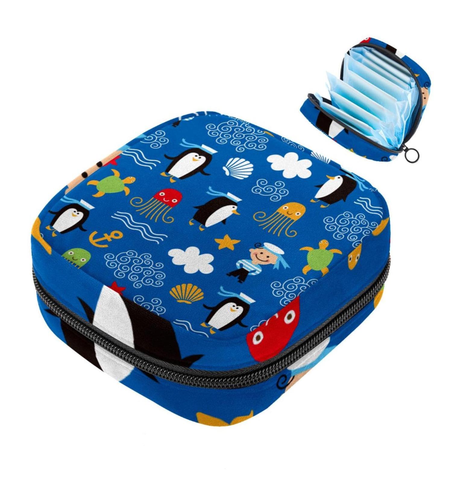 Storage Bags for Women's Bandages - Blue Penguin-Octopus Anchor Pattern | Portable Menstrual Pads & Panty Lip Inlays | Multicolored Holder for School & Office - Buy Online on GoSupps.com