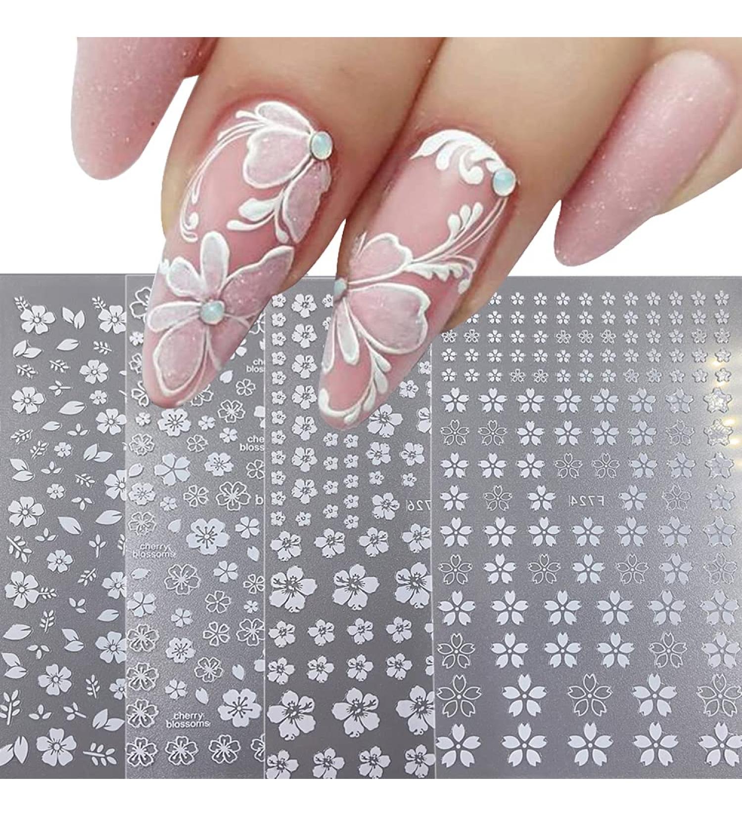White Cherry Blossom Nail Art Stickers - 4 Sheets Self-Adhesive Decals for DIY Acrylic Nails - Buy Online on GoSupps.com