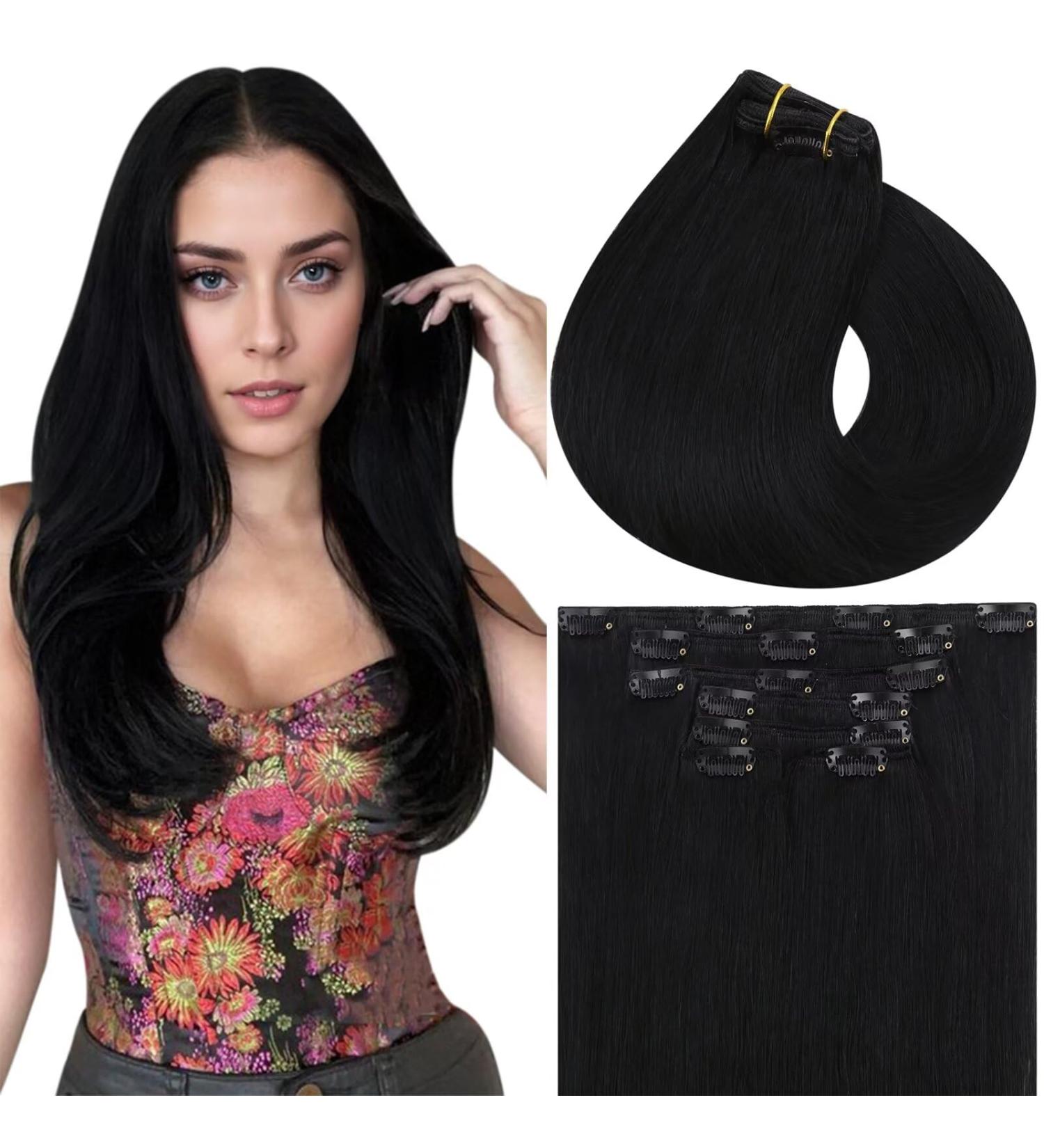 Vivien Real Hair Clip-In Extensions | Deep Black Remy 30cm 80g - 7pcs 12 Inch - Buy Online on GoSupps.com