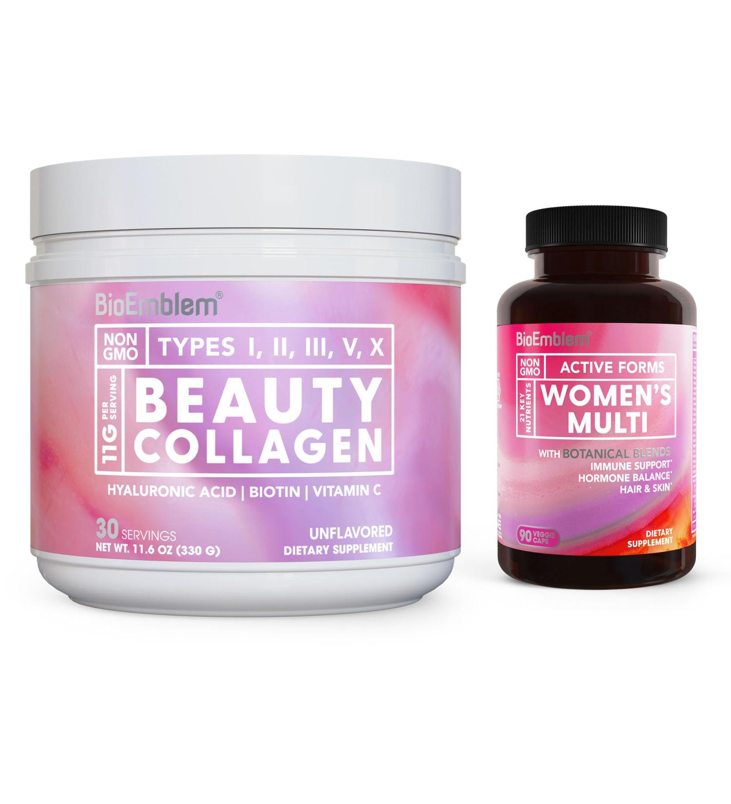 BioEmblem Beauty Collagen - 11G Hydrolyzed Multi-Collagen Peptides & Women's Multivitamin - Buy Online on GoSupps.com