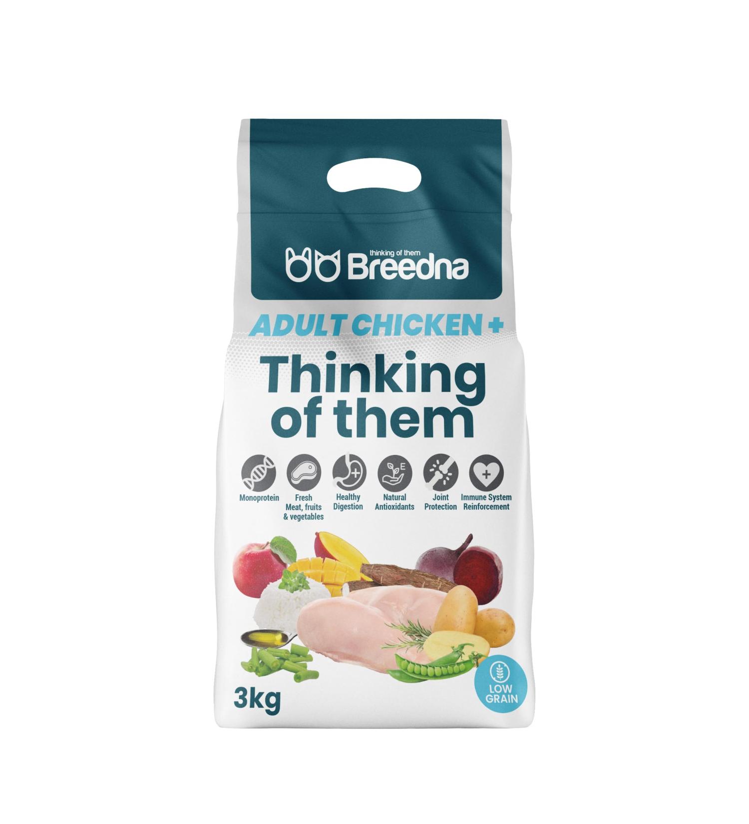 BREEDNA - Adult Chicken + 3kg | Adult Dog Food with Chicken Fruits and Vegetables | Monoprotein Croquette with Natural Antioxidants | Food for Dogs of All Breeds - Buy Online on GoSupps.com