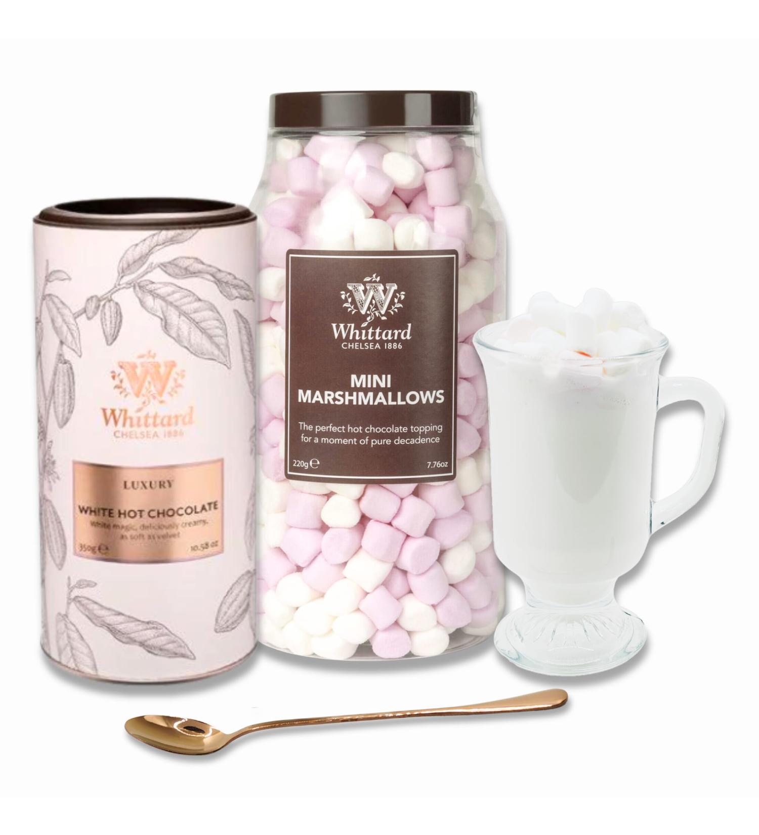 Whittard of Chelsea Luxury White Hot Chocolate Gift Set Bundle with Luxury White Hot Chocolate Mini Marshmallows & Glass Mug with Rose Gold Spoon Hot Chocolate Gifts for Her/Him - Buy Online on GoSupps.com