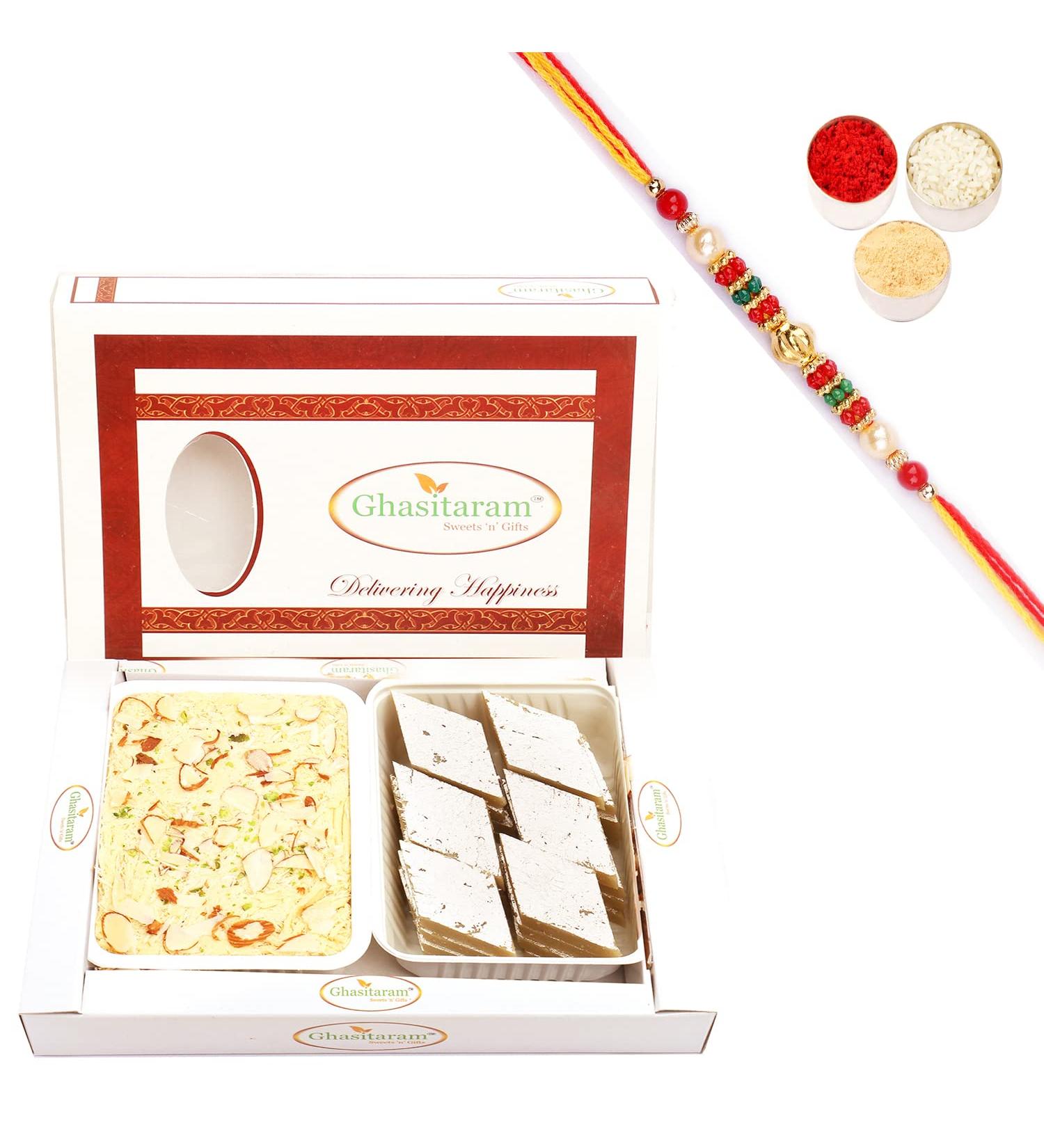 Ghasitaram Gifts Rakhi Gifts for Brothers Rakhi Sweets - Kaju Katli and Soan Papdi Hamper with Pearl Beads Rakhi - Buy Online on GoSupps.com