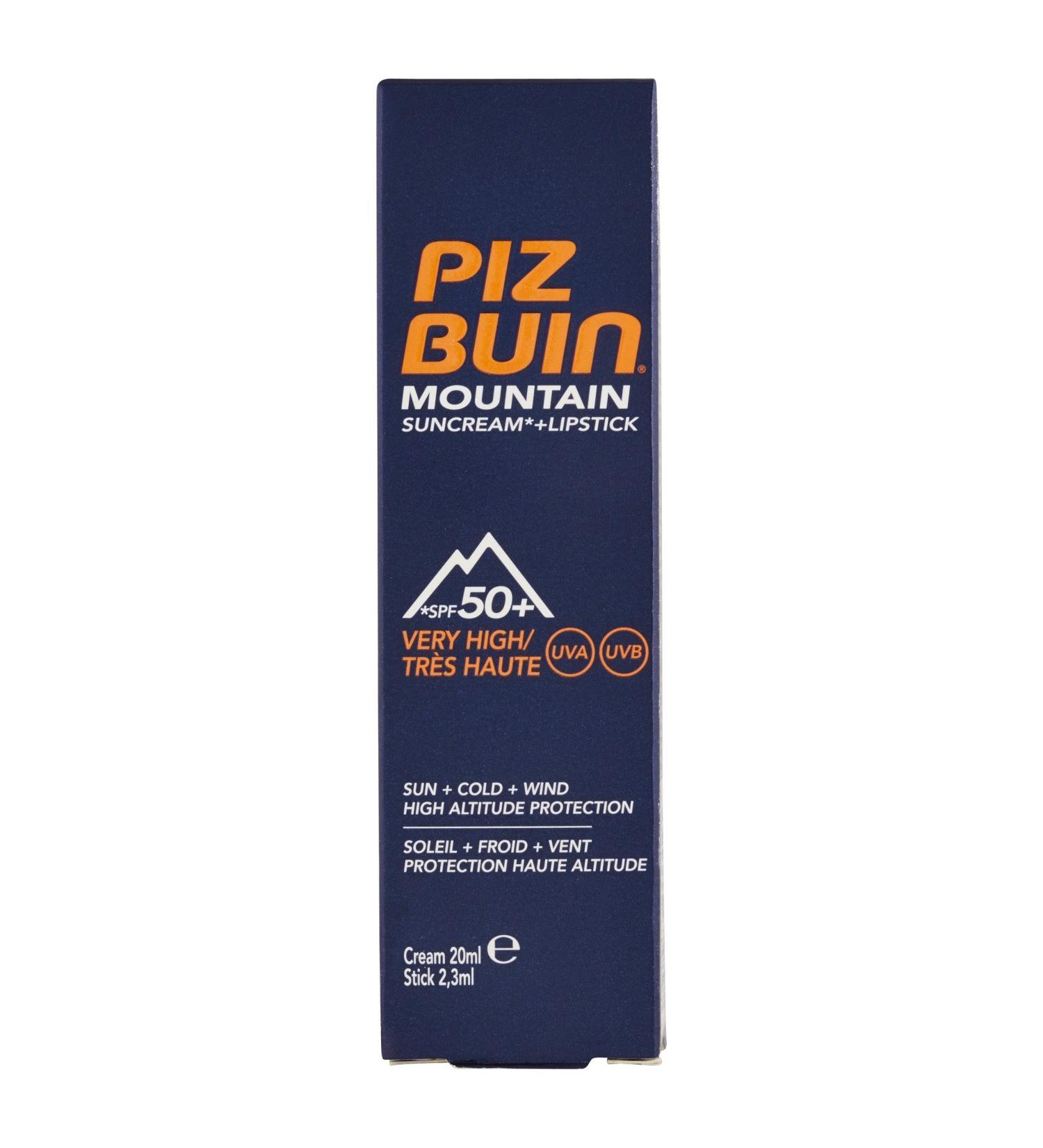 Piz Buin Mountain sunscreen and lip care with LSF 50+ sun protection especially for skiing and hiking against wind and cold 20ml and 2.3 ml