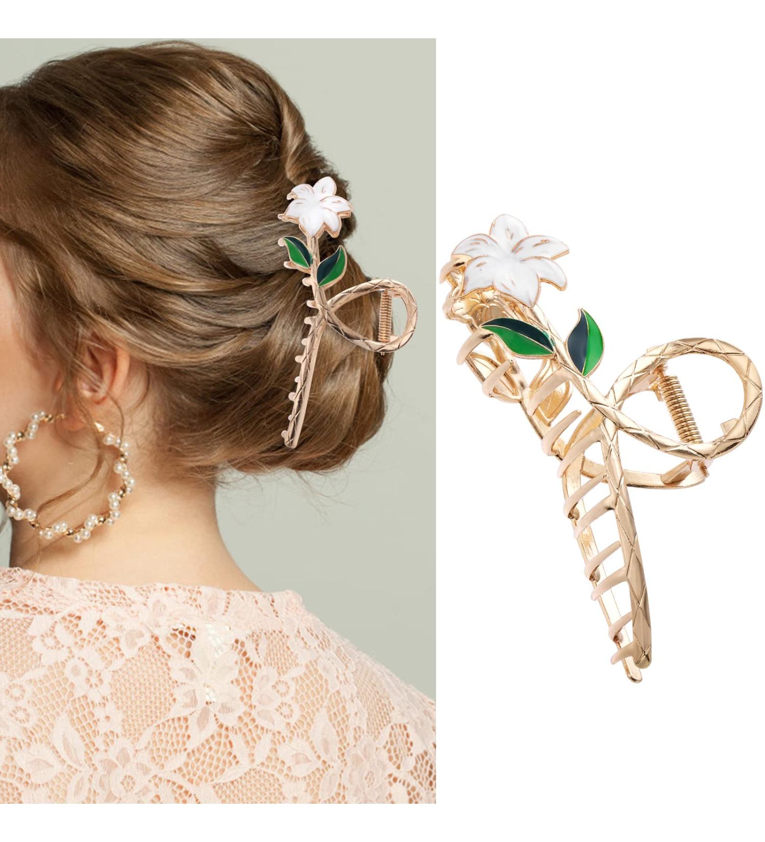 White Lily Metal Hair Claws - Strong Hold Claw Clips for Thick Hair | Lusofie Flower Hair Accessories - Buy Online on GoSupps.com