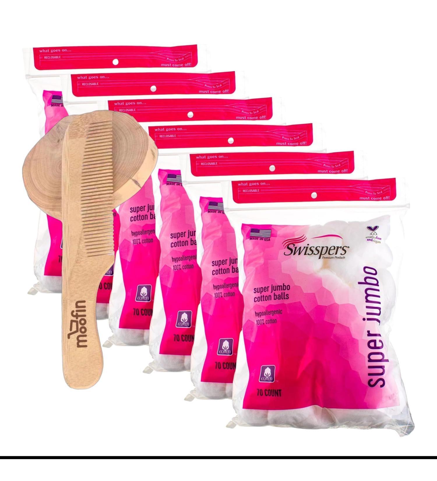 Jinglebely Super Jumbo Cotton Balls - 100% Pure Cotton 70 Count + Moofin Wooden Comb | Extra-Large Beauty & Personal Care - Bulk Pack of 6 - Buy Online on GoSupps.com
