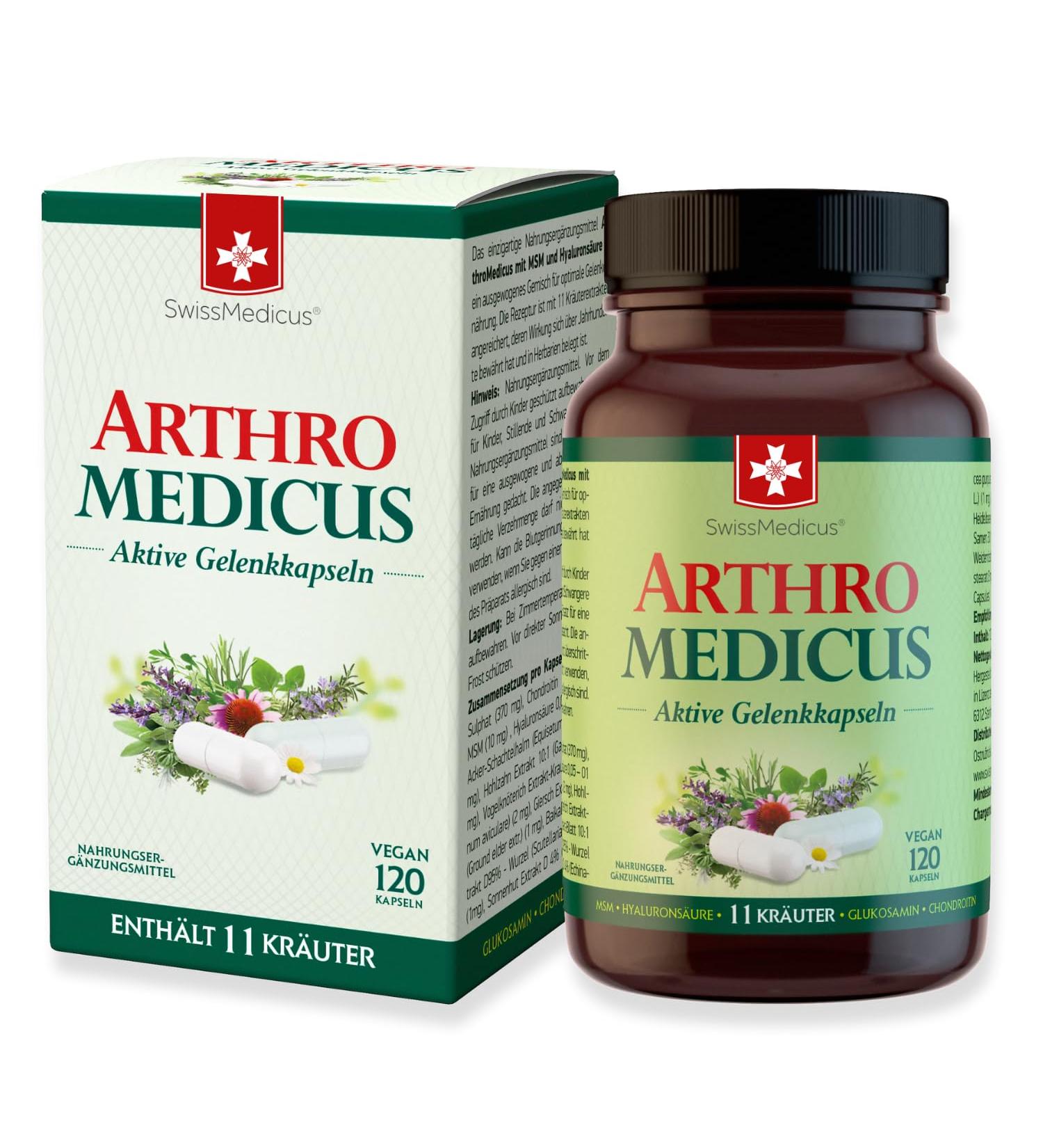 Buy Swissmedicus Arthromedicus Glucosamine & Chondroitin 120 Capsules with MSM Hyaluronic Acid & 11 Herbal Extracts - European Quality for Joint Health | International Shipping Available - Buy Online on GoSupps.com
