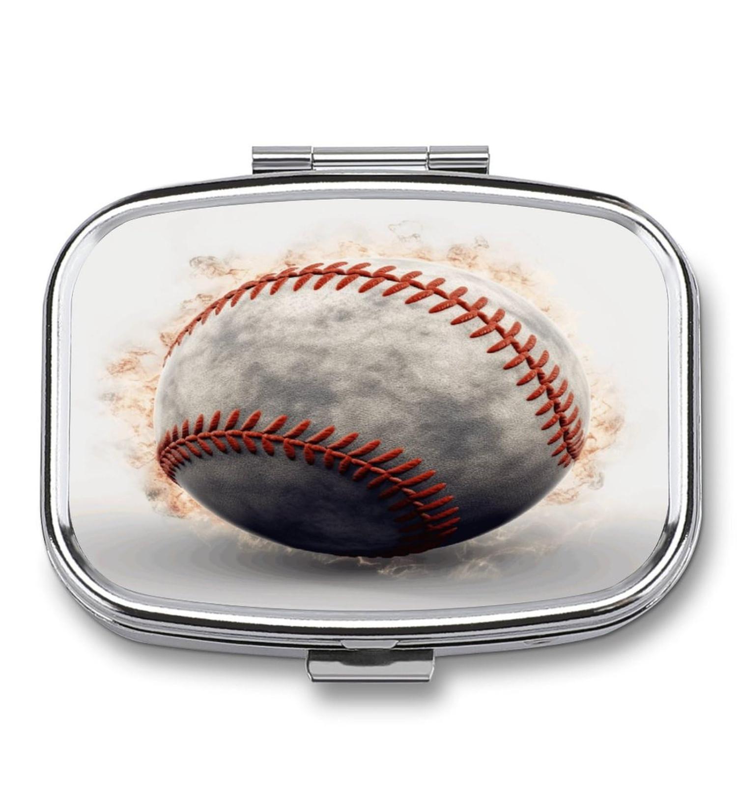 Baseball Print Pill Box - 2 Compartment Portable Pill Organizer | Decorative Metal Medicine Case for Pocket & Purse - Buy Online on GoSupps.com