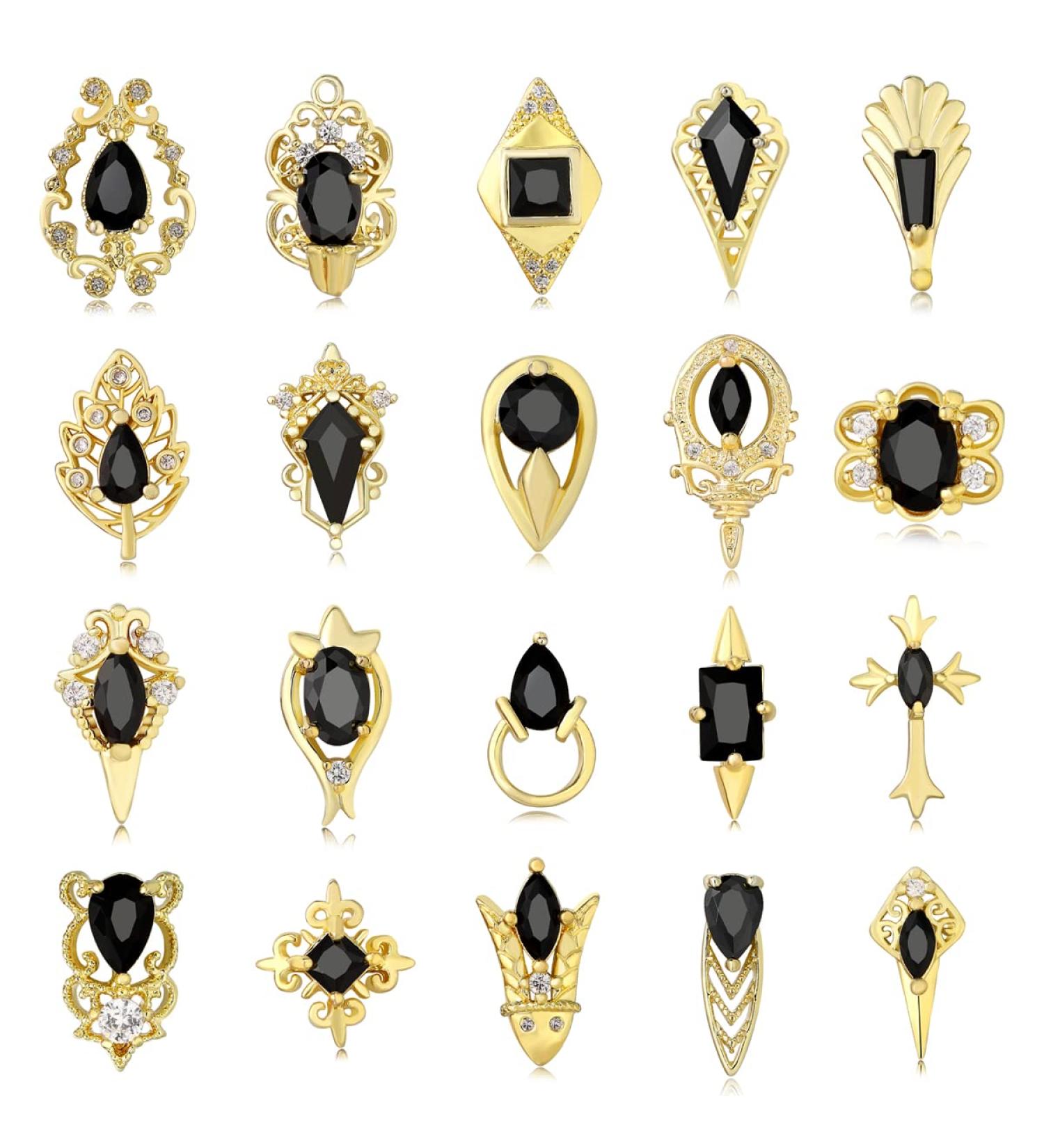 20Pcs Black 3D Nail Charms - Luxury 24K Gold & Black Zircon Art Jewels for DIY Nails - Crystal AB Rhinestones Included - Buy Online on GoSupps.com