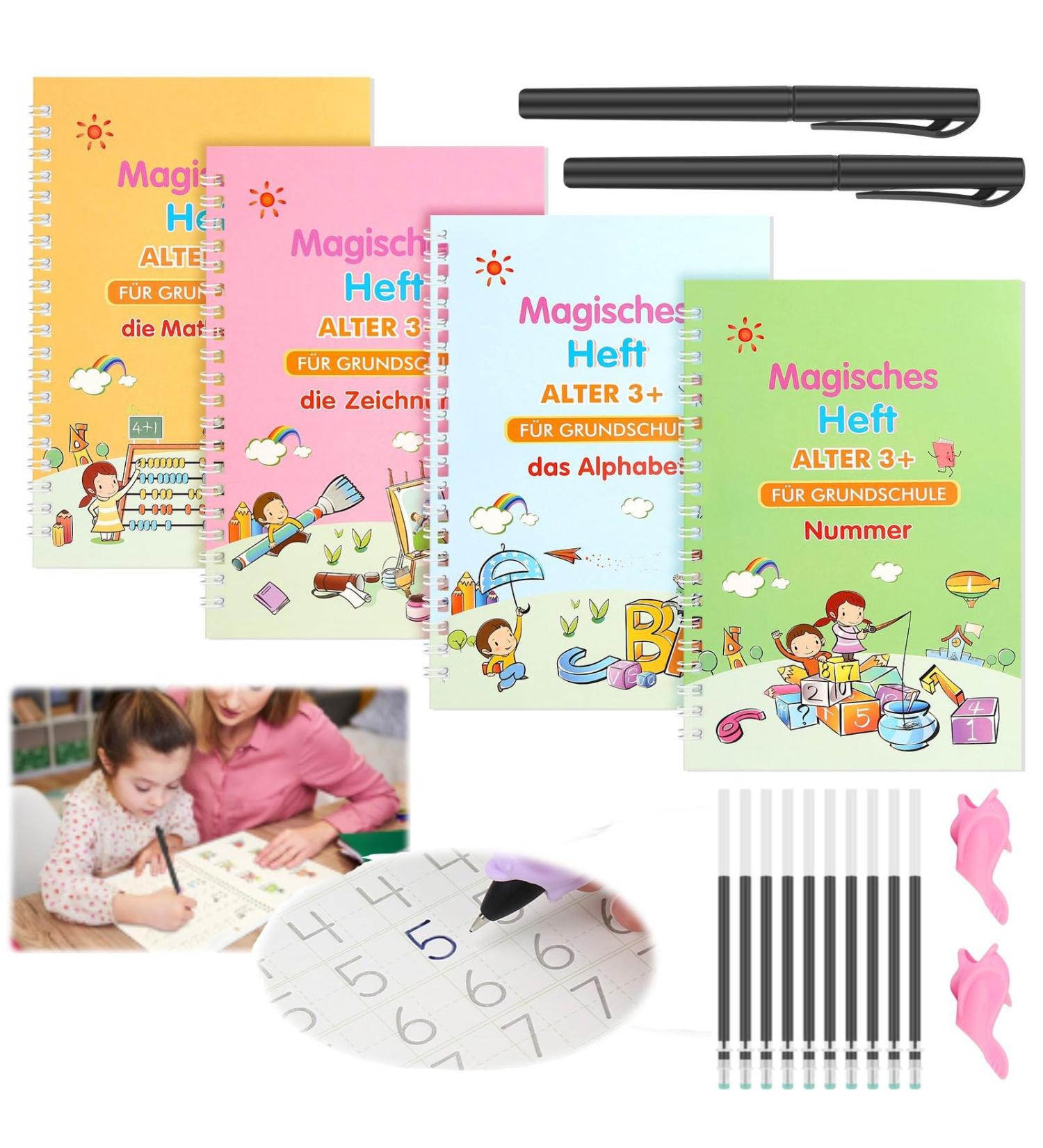 Finetoknow 4-Piece Magical German Exercise Books for Children - Reusable Calligraphy Writing Booklet with Writing Aid (26x18.5cm) - Buy Online on GoSupps.com