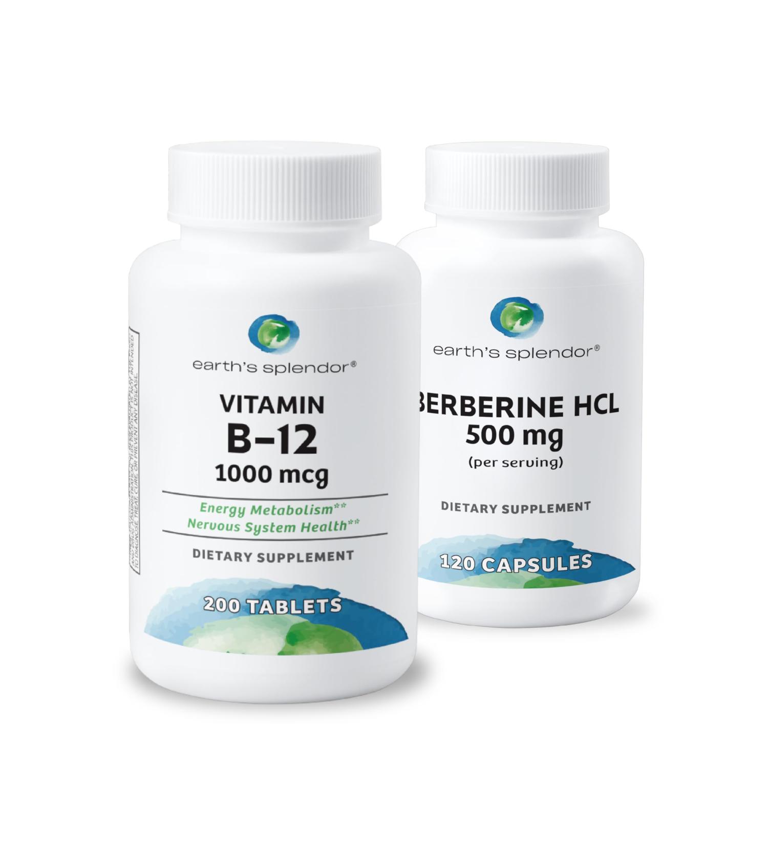 Earth's Splendor Energy & Sugar Metabolism Support Bundle Vitamin B12 (200ct) & Berberine 500mg (120ct) Gluten-Free Vegan-Friendly Non-GMO Dietary Supplements for Energy and Healthy Metabolism - Buy Online on GoSupps.com