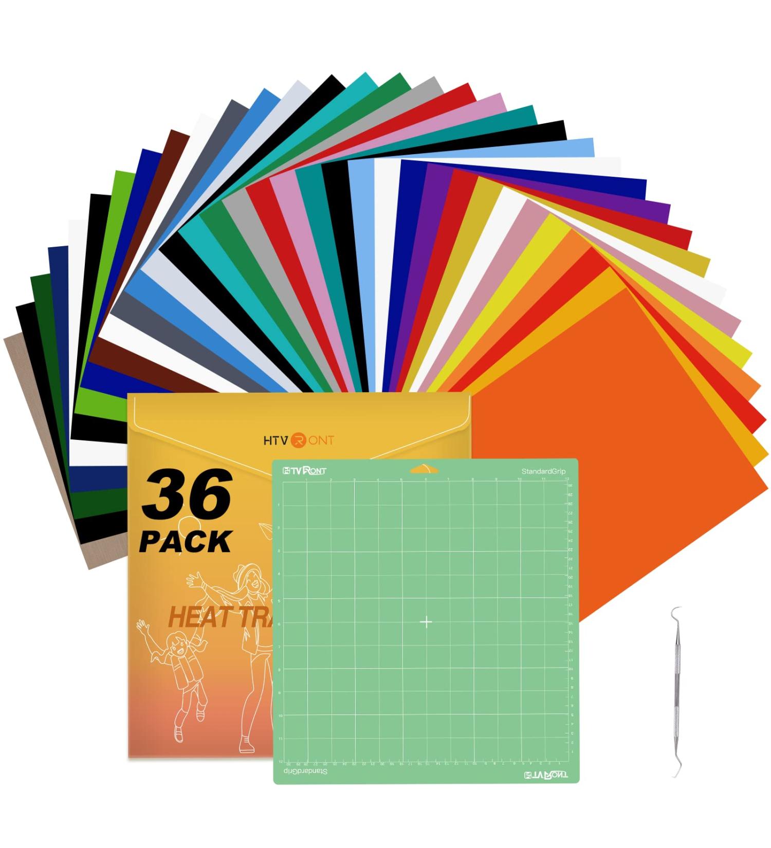 HTVRONT Heat Transfer Vinyl Bundle - 36 Pack 12x10 Iron On Vinyl with Cutting Mat - Assorted Colors for Cricut Silhouette Cameo - Buy Online on GoSupps.com
