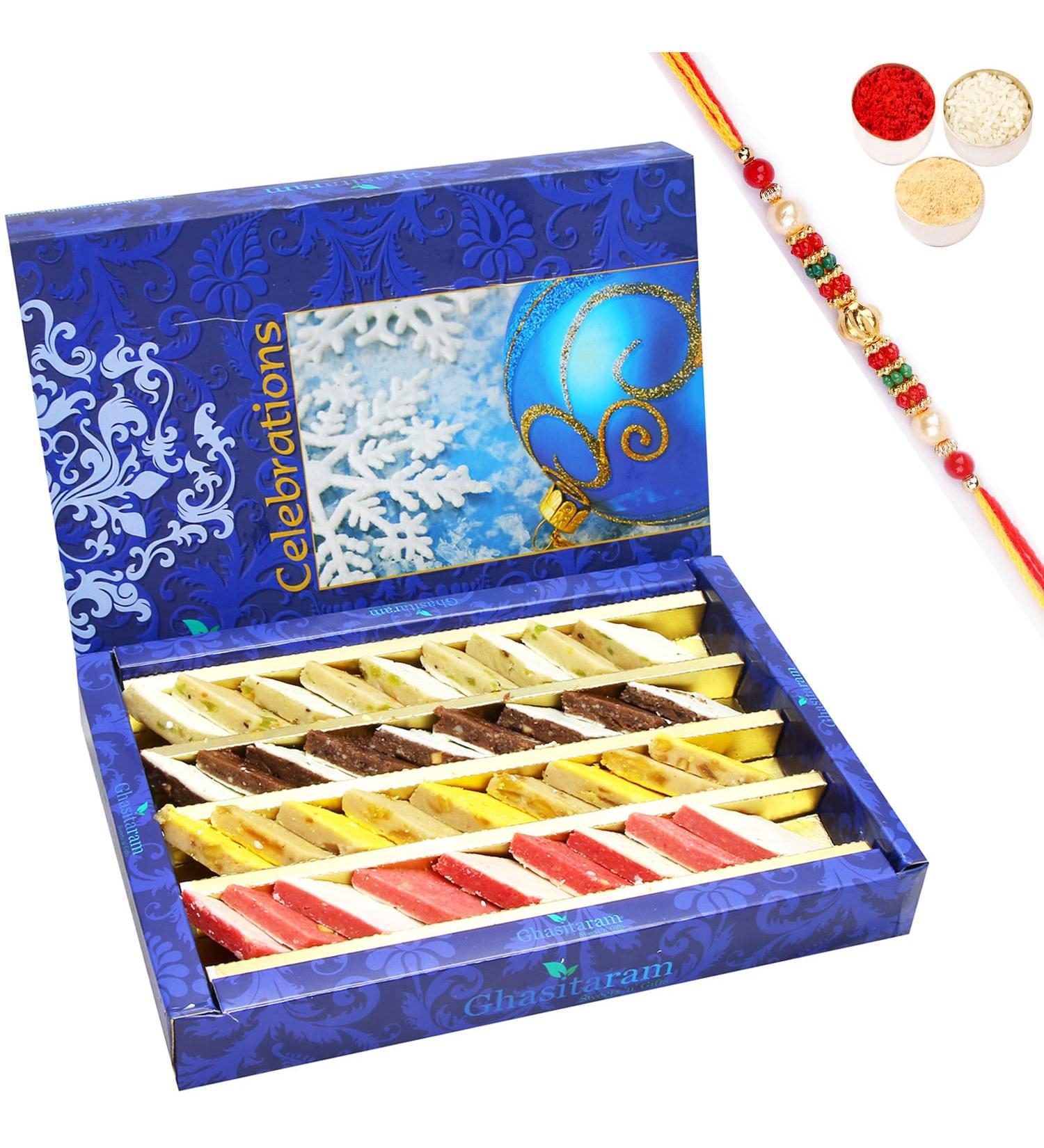 Ghasitaram Gifts Rakhi Gifts for Brothers Rakhi Sweets - Assorted Irish Kaju Katlis 800 GMS with Beads Rakhi - Buy Online on GoSupps.com