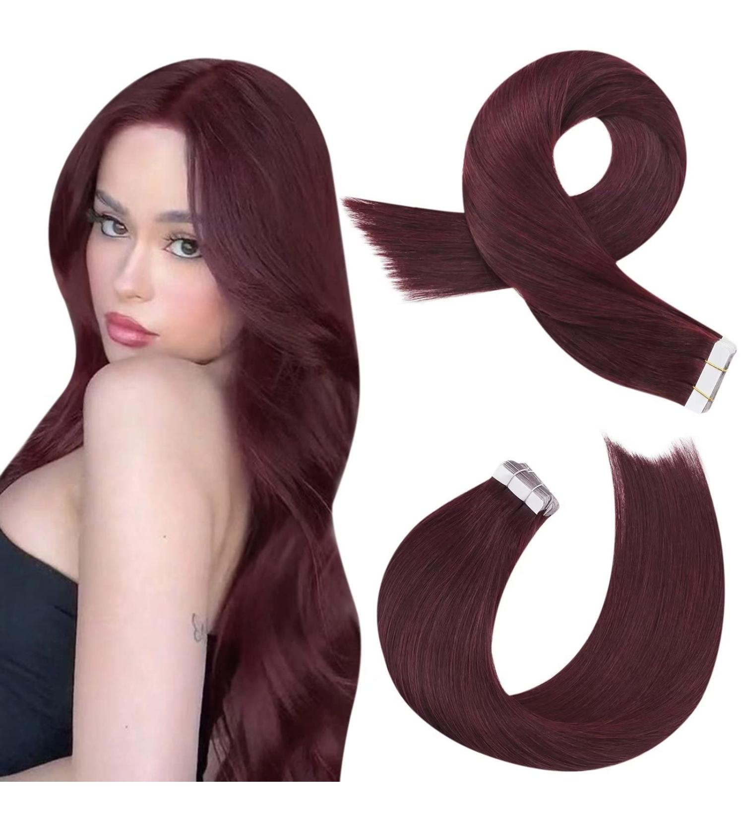Moresoo 18 Inch Burgundy Red Tape in Hair Extensions - Remy Human Hair, 20 Pieces/50g, #99J - Buy Online on GoSupps.com
